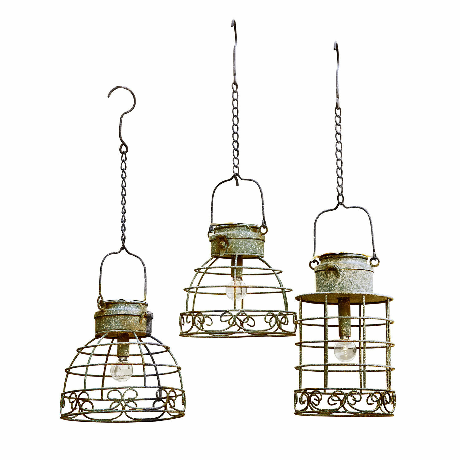 Lantaarn op zonne-energie set van 3 Yirevol Set van drie hanglampen van groen-grijs metalen gaas in vintage stijl, decoratieve verlichting voor binnen