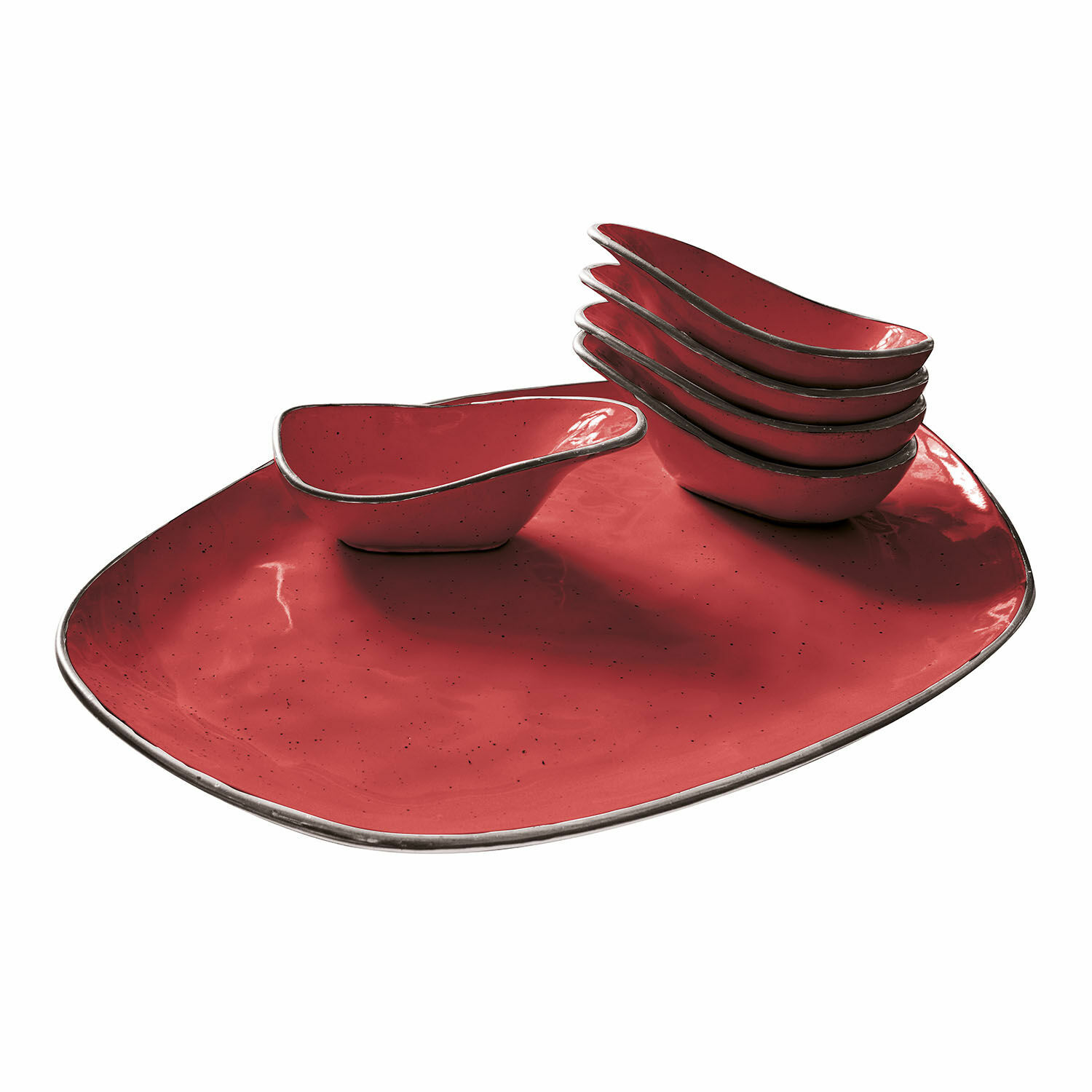 Set van 6 rode keramische Biarritz schaaltjes met groot bord voor hapjes