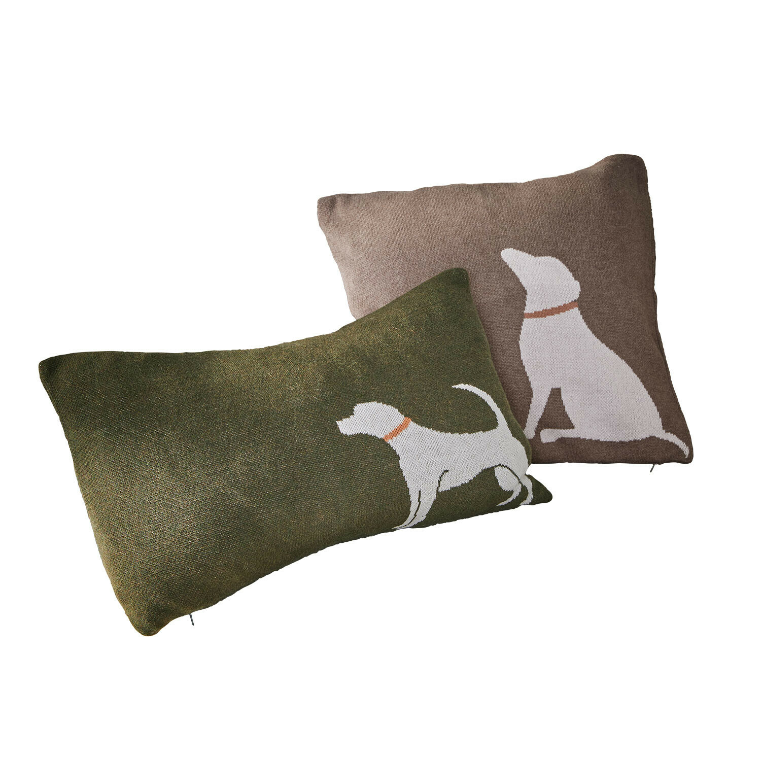 Kussenhoes set van 2 Olyden Set van twee decoratieve kussens met wit hondenmotief op groene en bruine stof, textiel.