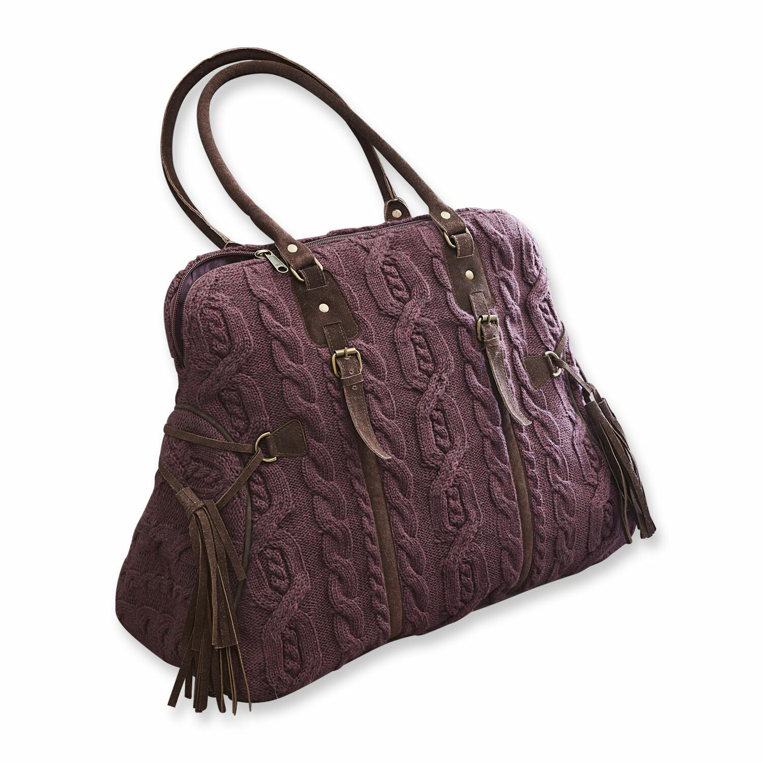 Bordeaux Donna tas van gebreide stof met bruine leren hengsels en franjes, modieuze accessoire