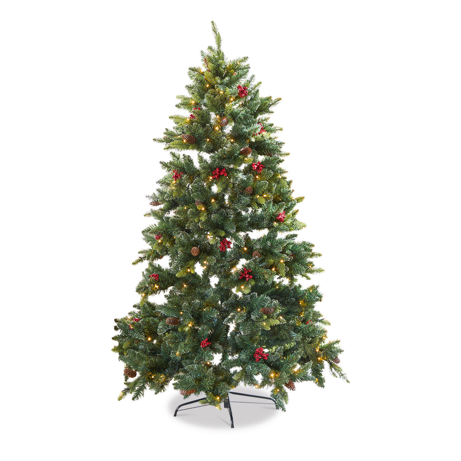 Kerstboom Bindley Kunstkerstboom met groene naalden, rode bessen, dennenappels en warme LED-verlichting voor feestelijke decoratie