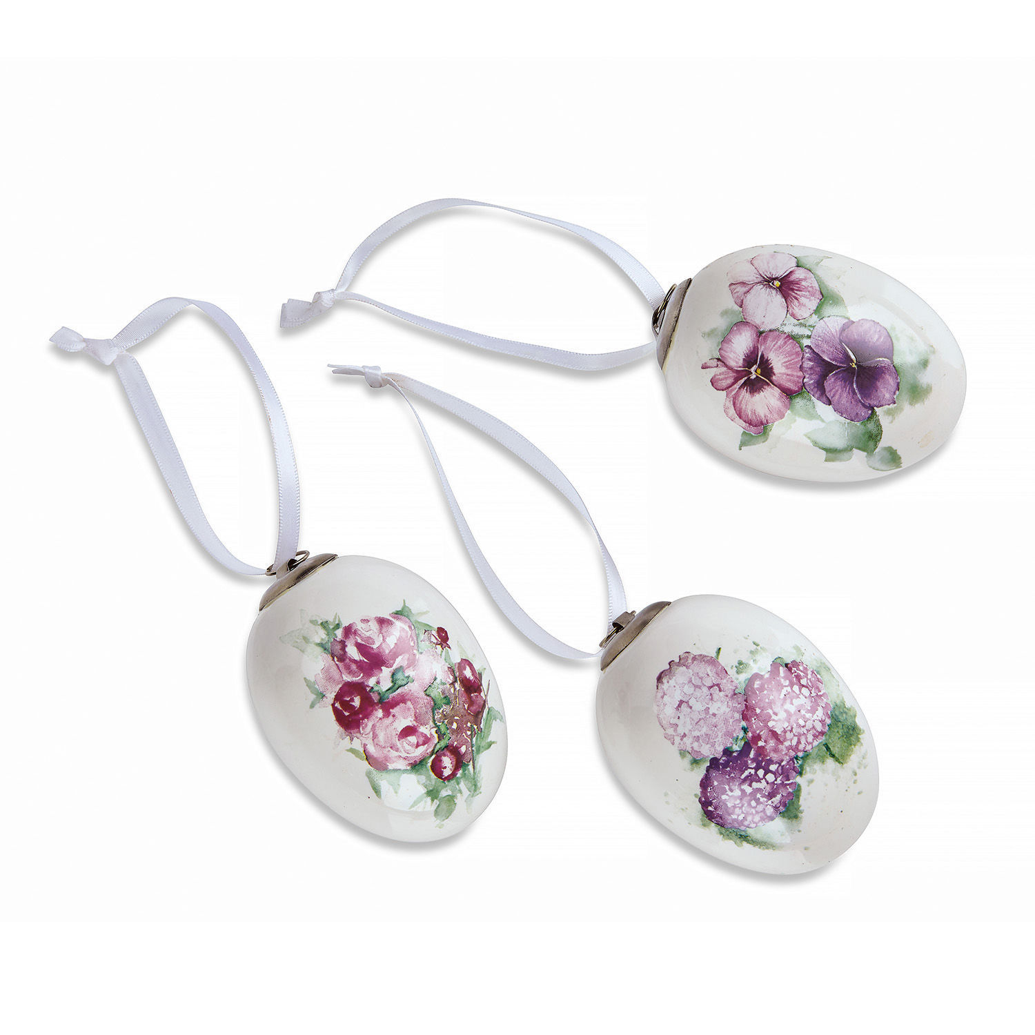 Paasei, set van 3 Maurine Witte keramische eieren met bloemenmotieven en witte linten om op te hangen, paasdecoratie
