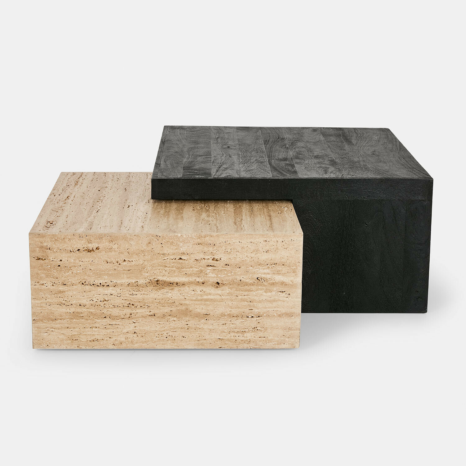 Salontafel Caleneuve Moderne salontafels van licht travertijn en zwart hout met keramische kan en kom
