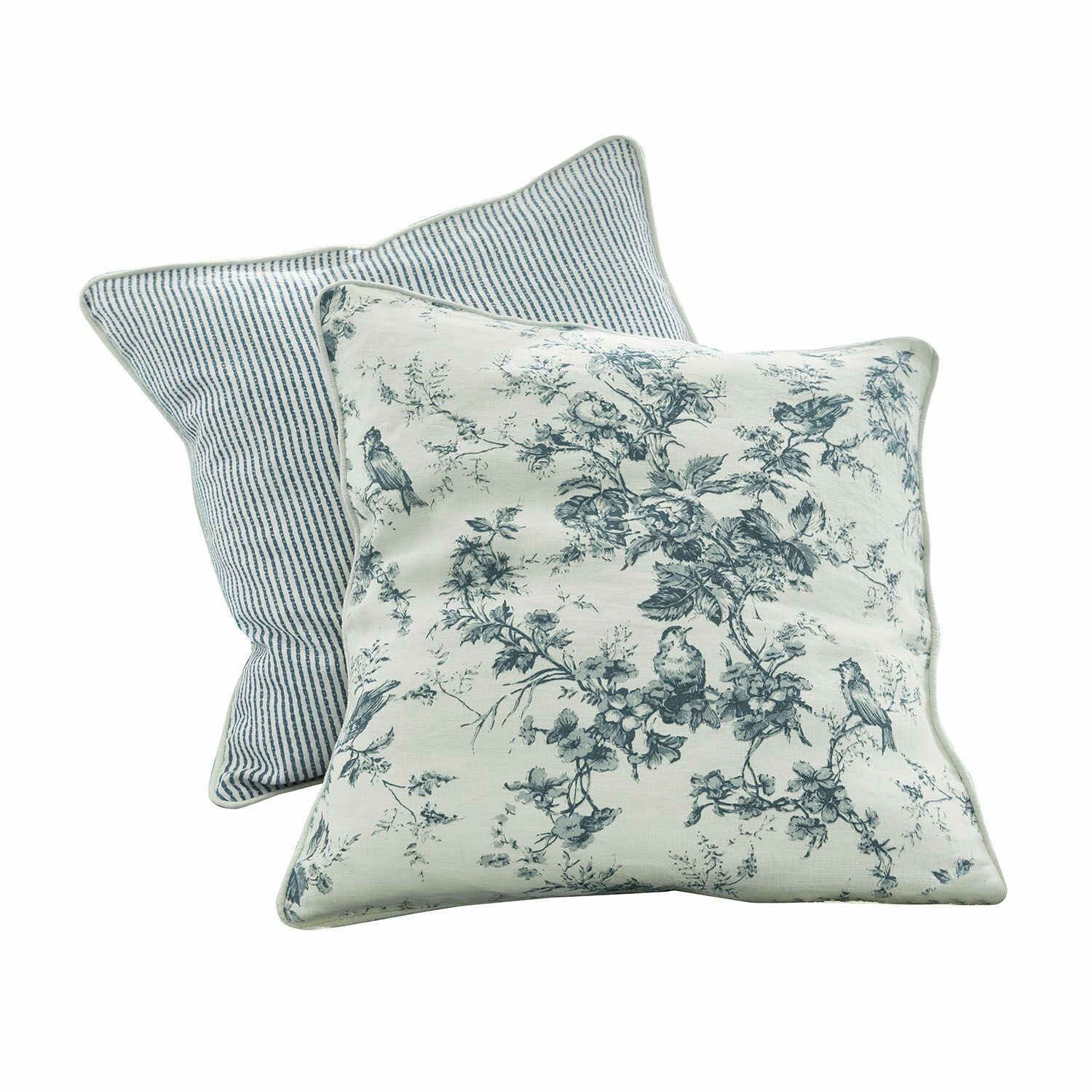 Kussen set van 2 Emilie Set van twee katoenen sierkussens met blauwe vogel- en streeppatronen