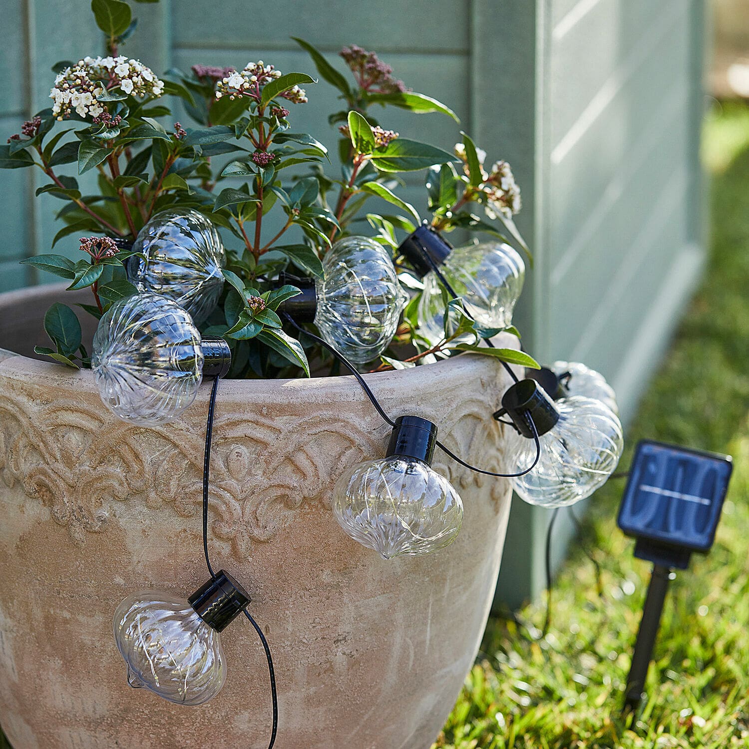 Lichtsnoer op zonne-energie Lunda Sul Zonne-lichtsnoer van doorzichtig glas in ui-vorm met zwarte kabel, tuinversiering