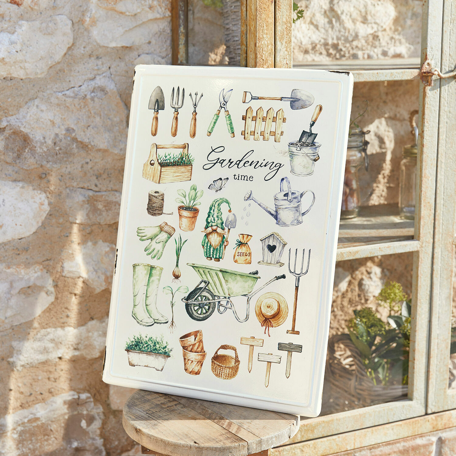 IJzeren decoboard Whyalla Decoratief metalen bord met afbeeldingen van tuingereedschap en tekst Gardening time