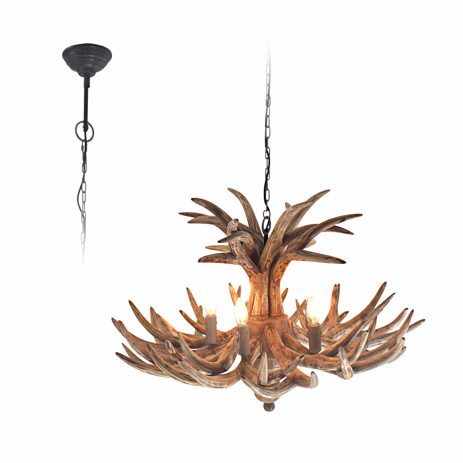 Kroonluchter Ardin Hanglamp met bruine hertengewei-look van houtimitatie, decoratieve plafondlamp voor woonkamer