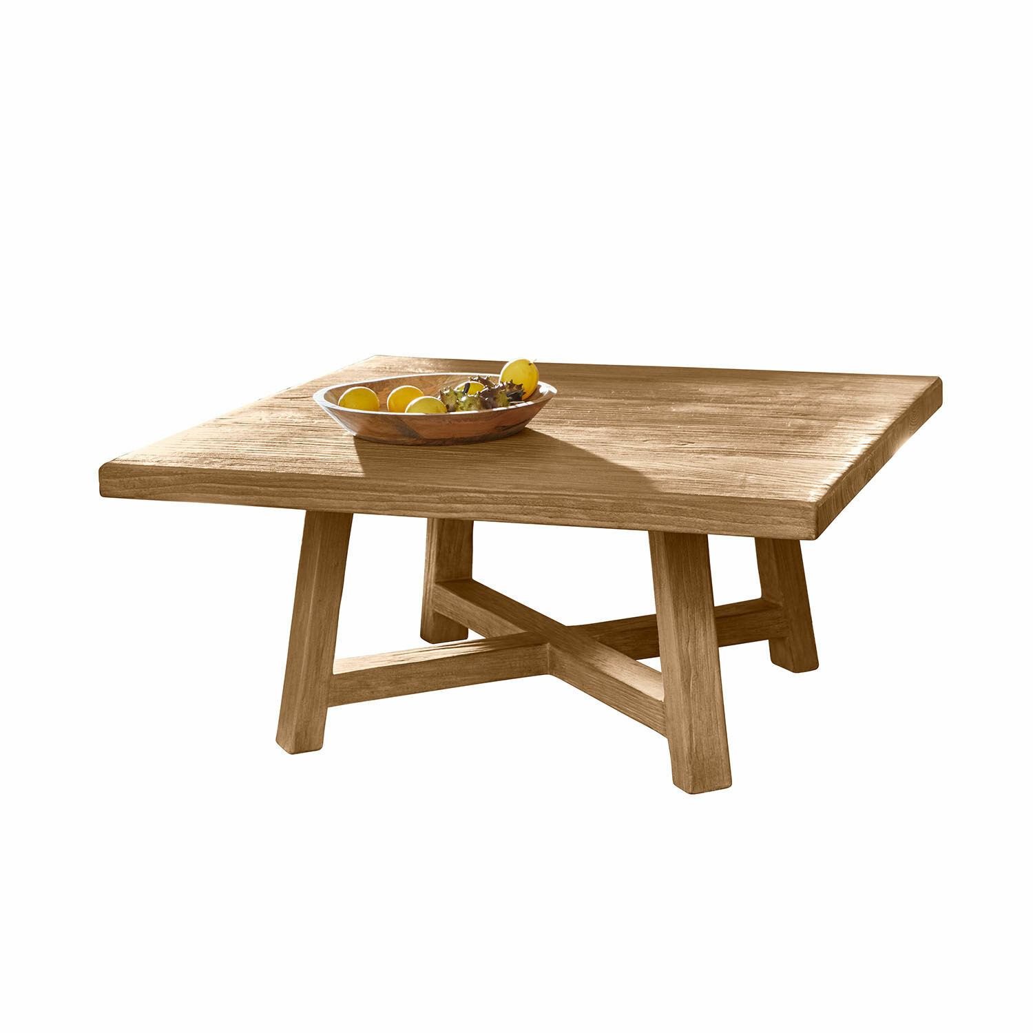 Vierkante salontafel van natuurlijk hout met decoratieve fruitschaal erop