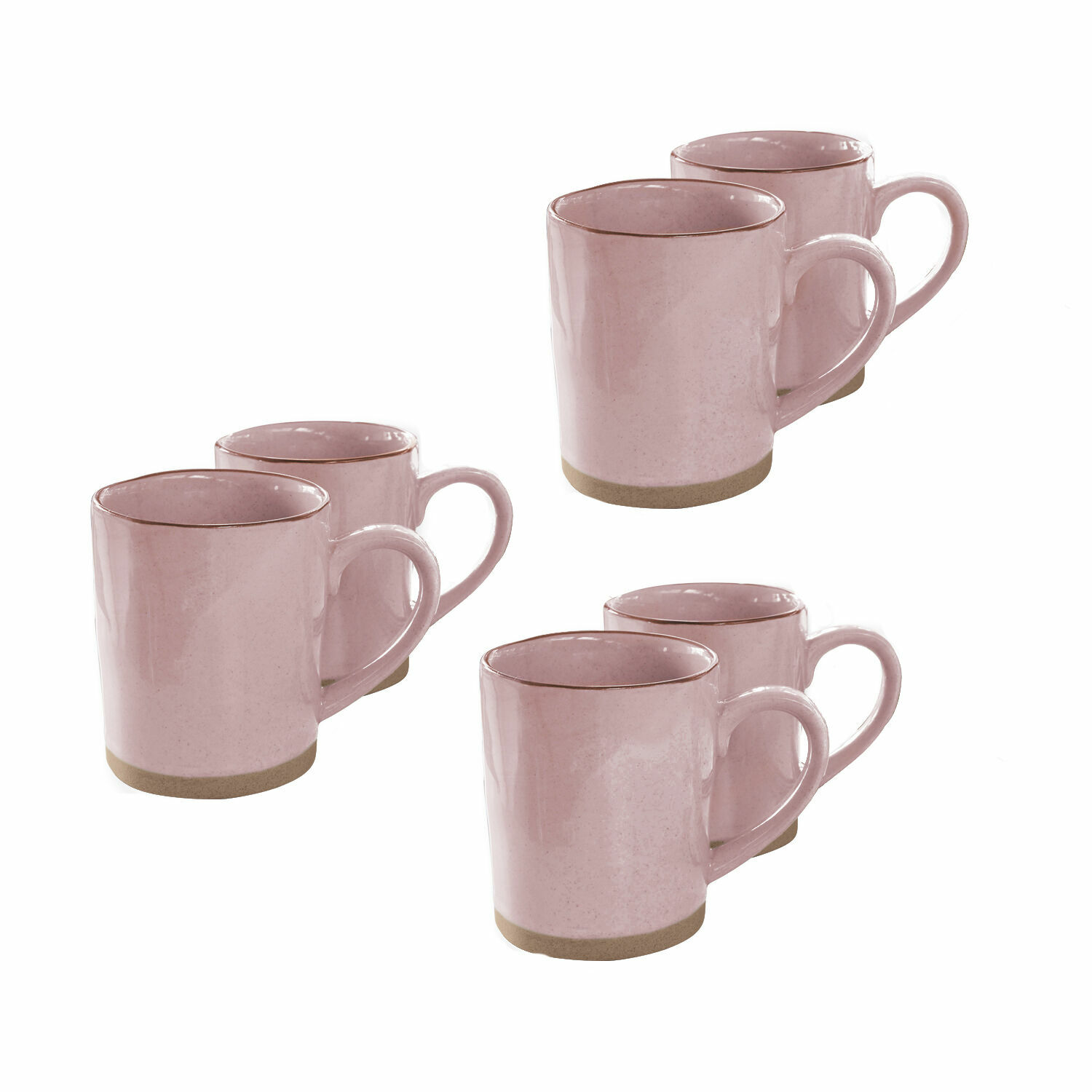 Set van zes roze keramische mokken met handvat en beige bodem voor koffie en thee