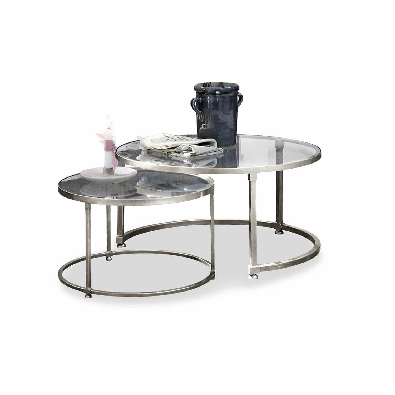 Salontafel set van 2 Kabala Set van twee ronde salontafels met glazen blad en zilverkleurig metalen frame voor woonkamer