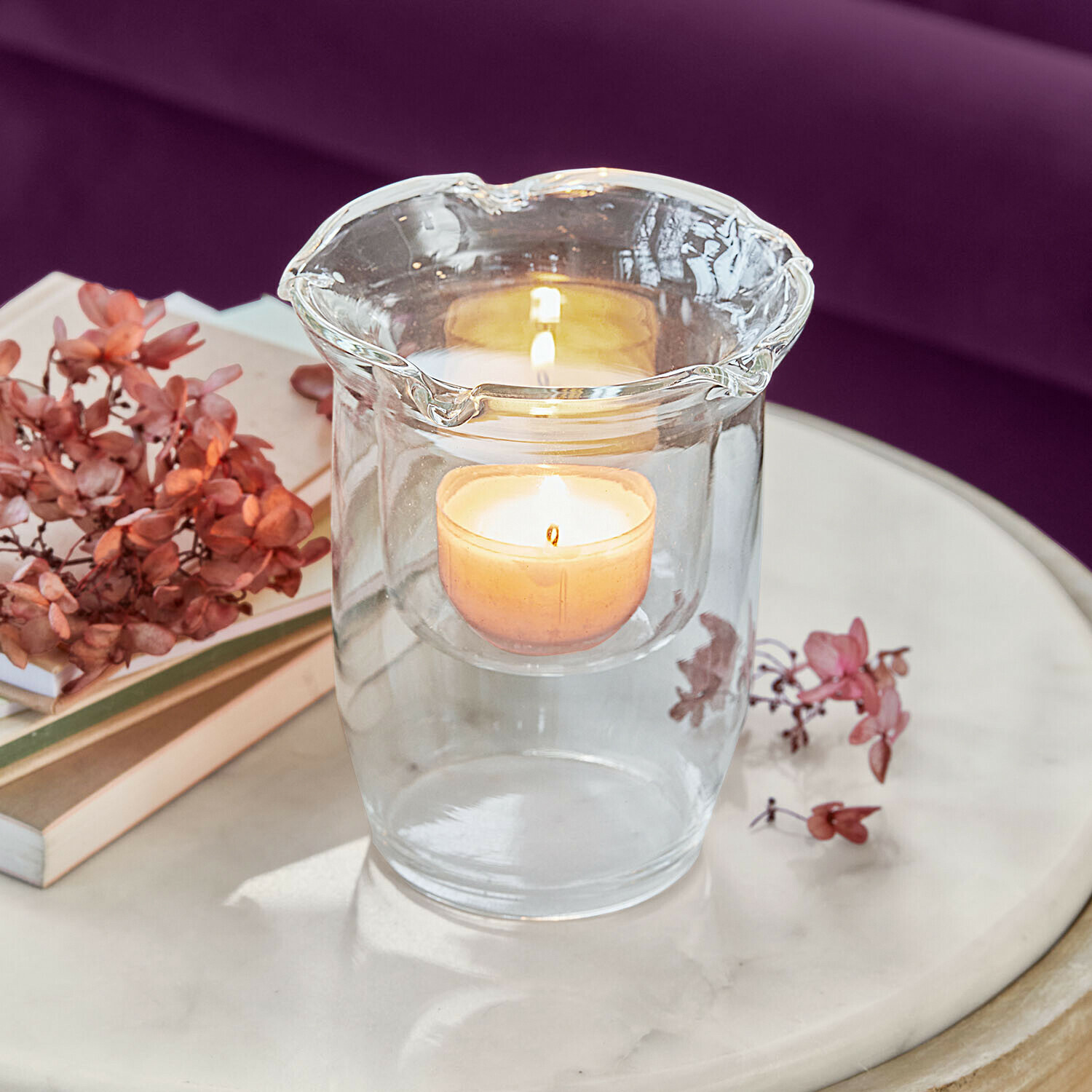 Glazen theelichthouder van helder glas met dubbele wand, stijlvolle tafeldecoratie