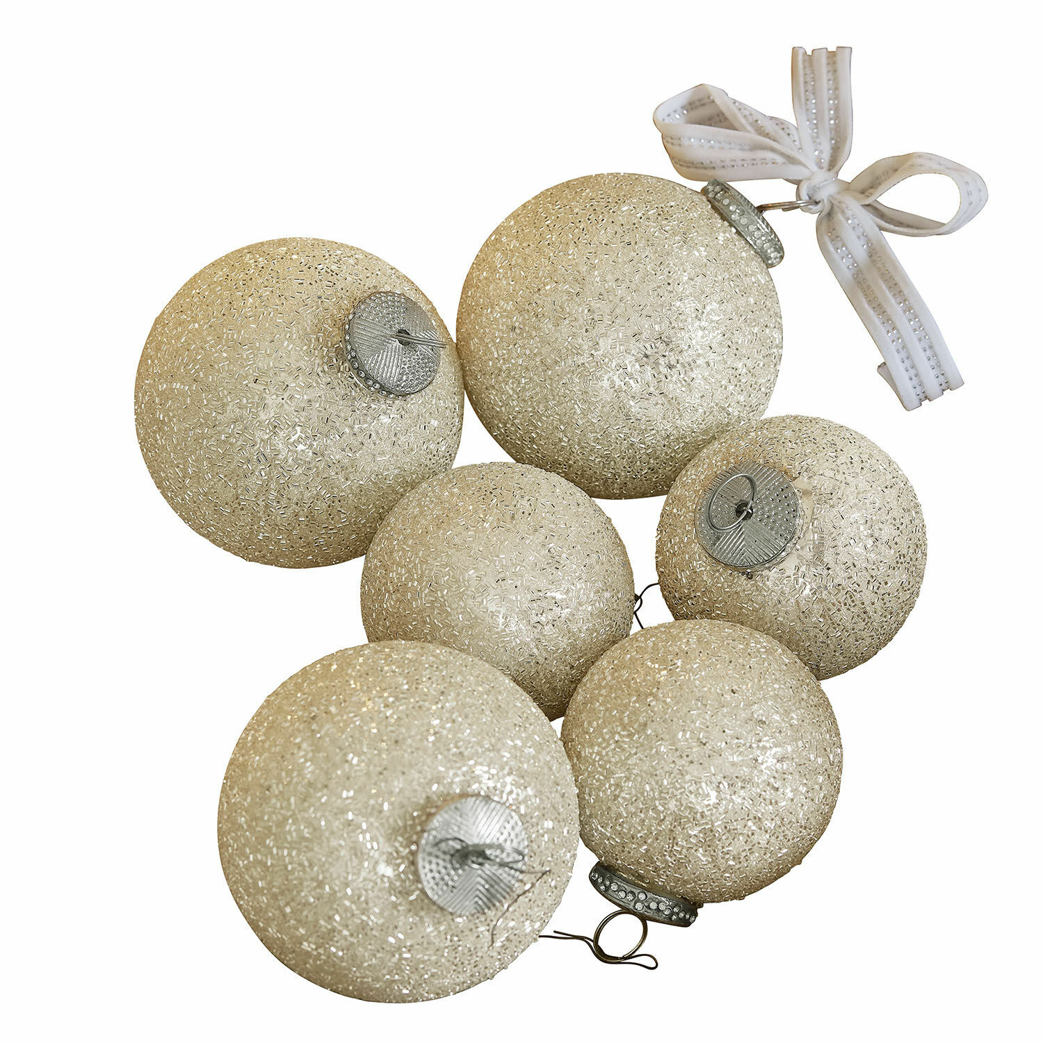 Set kerstballen set van 6 Shariz Set van zes gouden kerstballen met glitters en witte strik voor feestelijke decoratie