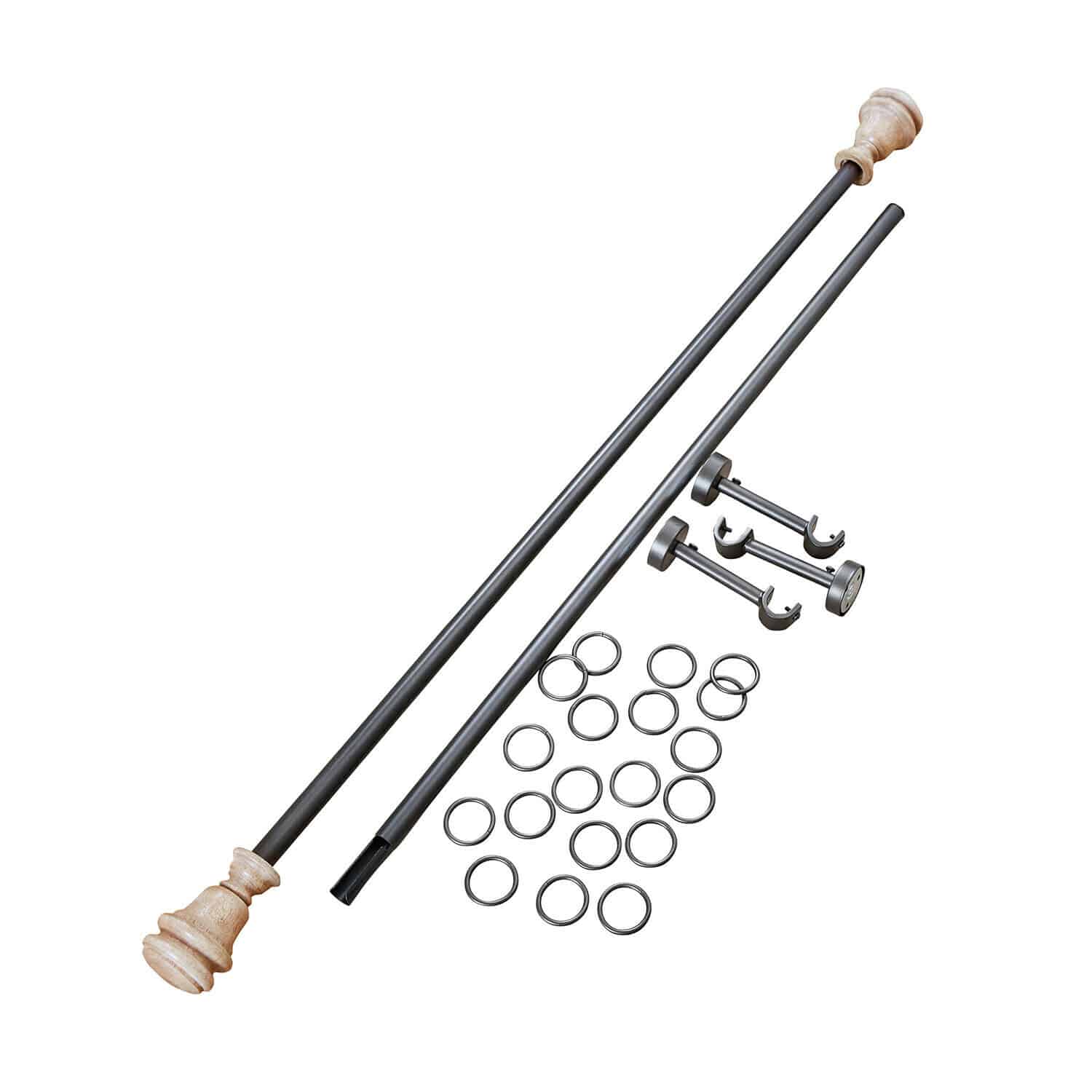 Set metalen gordijnroedes met lichte houten uiteinden en metalen ringen voor gordijnen