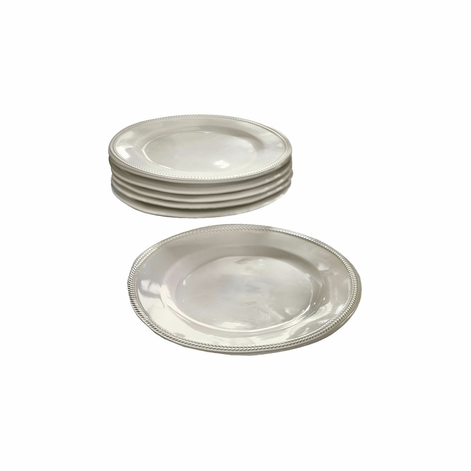 Set van zes witte keramische borden met decoratieve rand voor het serveren van maaltijden