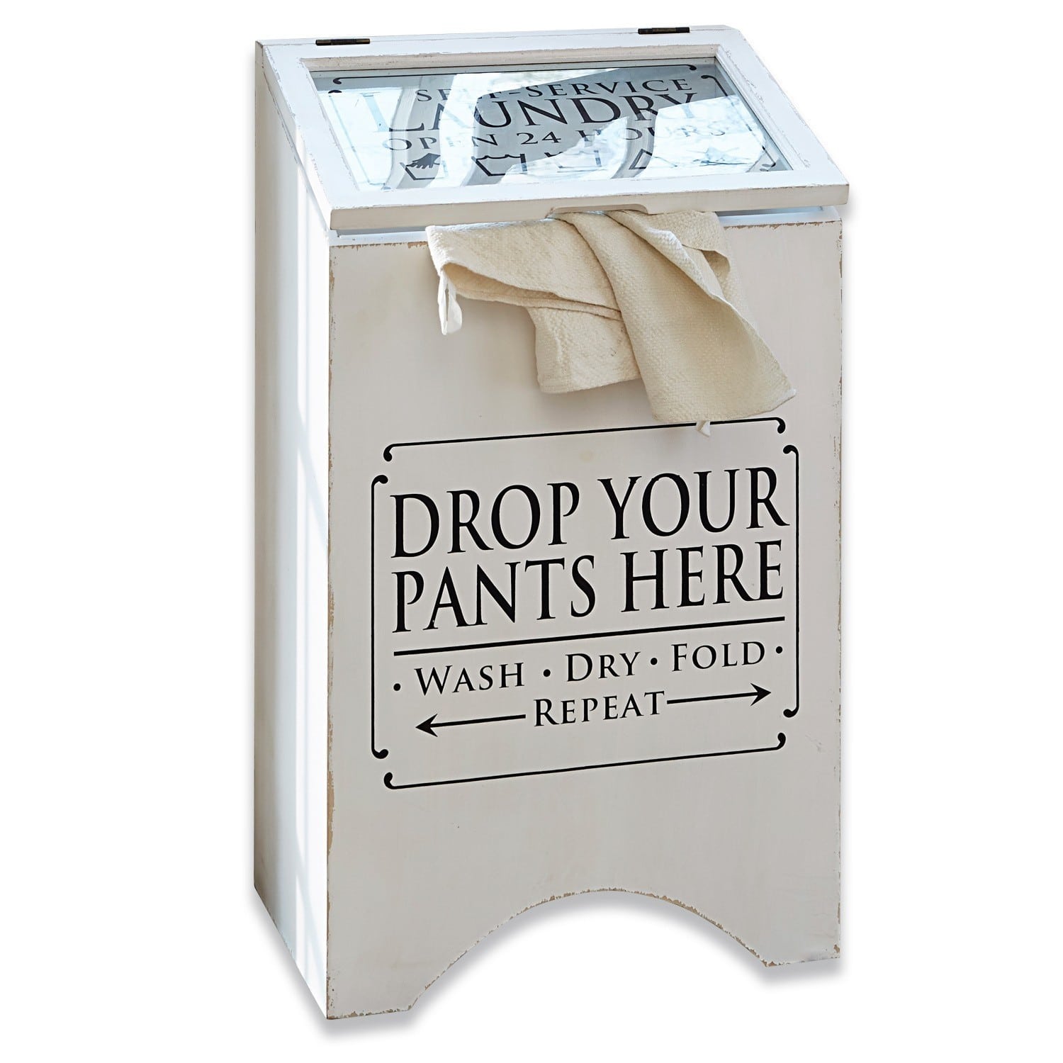 Wasbox Drop it Witte houten wasmand met tekst en stoffen handdoek, praktisch voor de badkamer