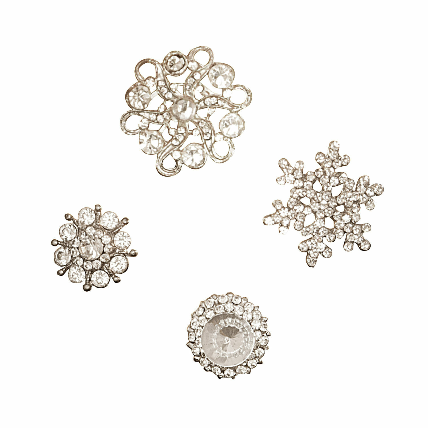 Sierpin set van 4 Brillliant Pins Set van vier zilverkleurige sierknopen met kristallen voor decoratie en naaien
