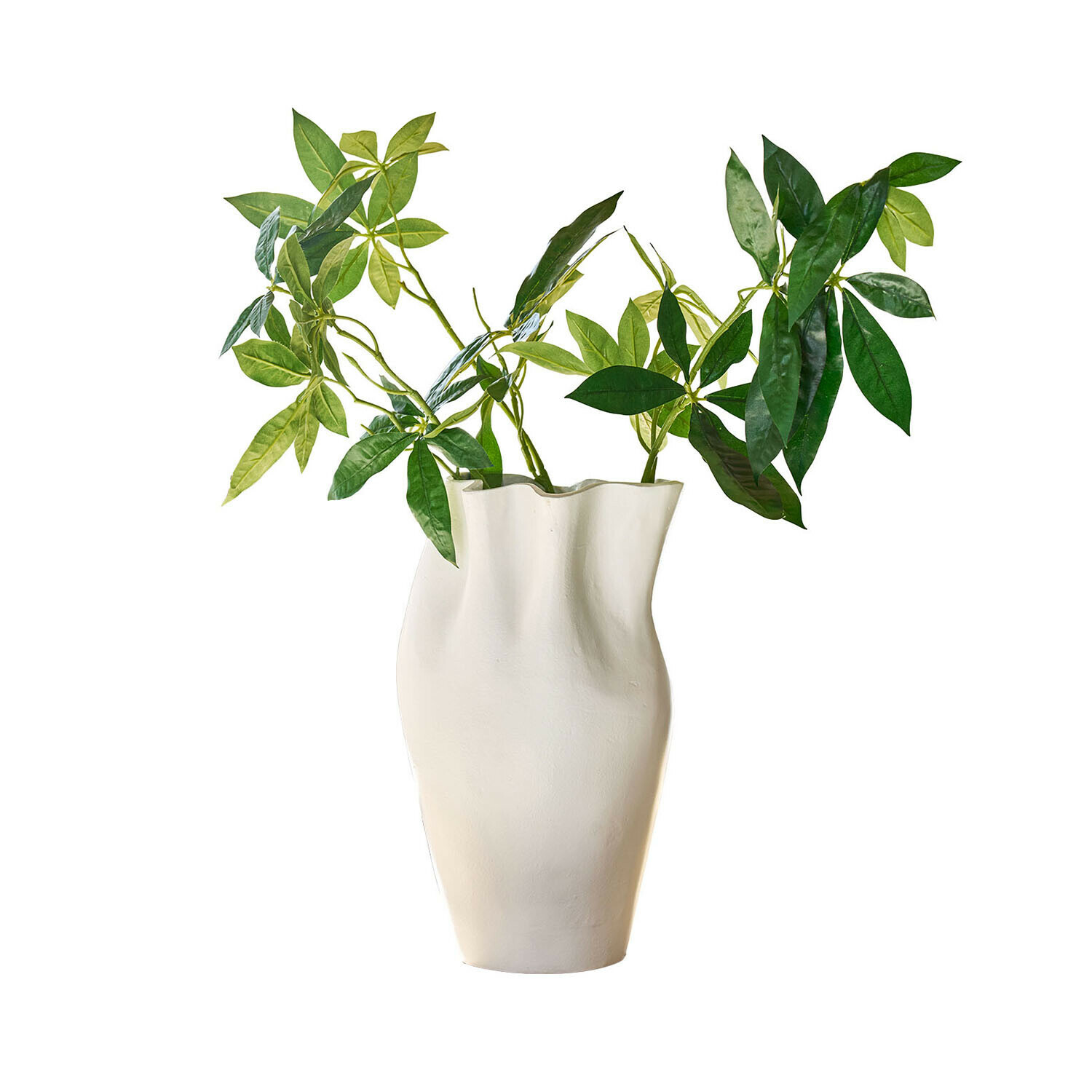 Vaas Palomira Witte keramische vaas met onregelmatige vorm en groene decoratieve bladeren