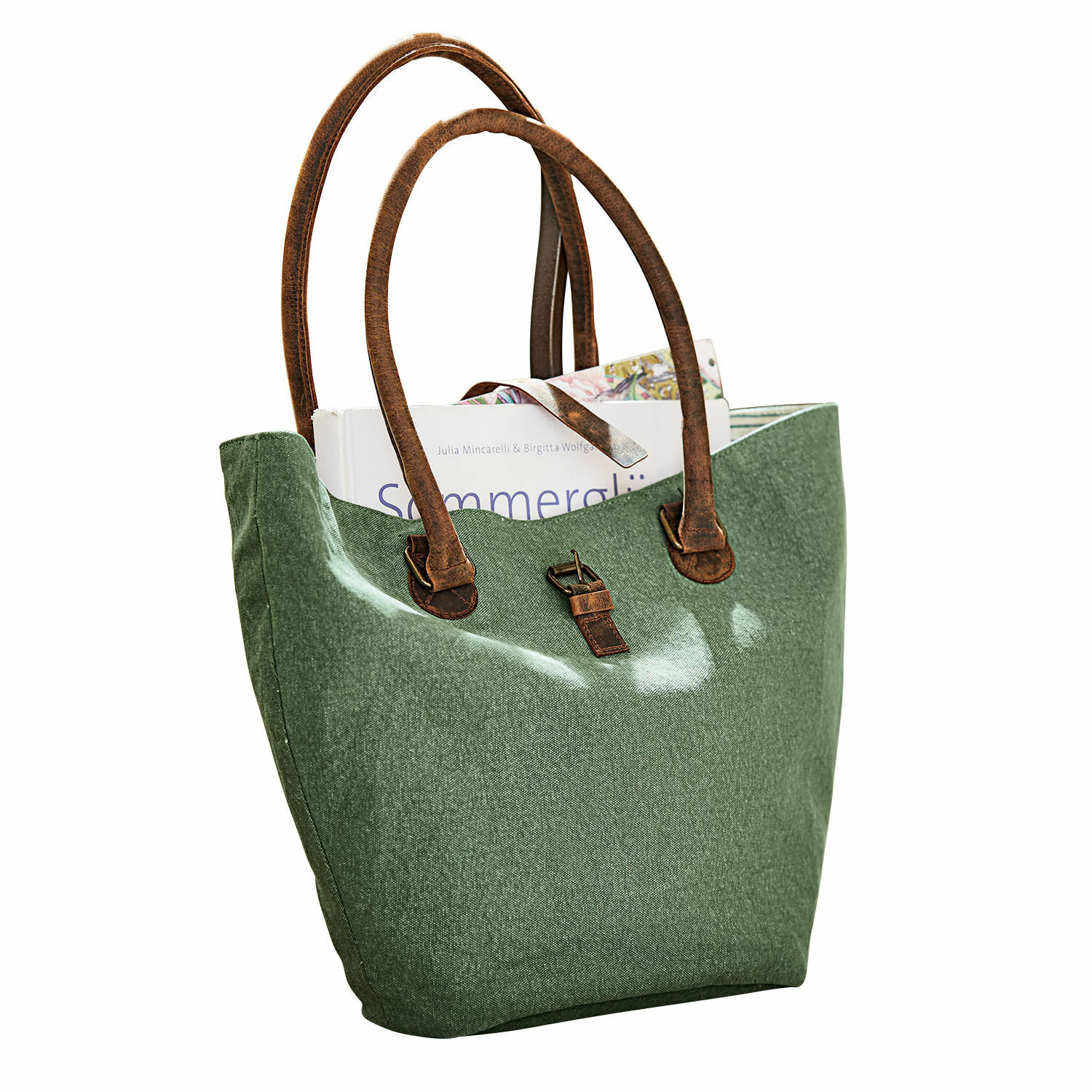 Tas Ambre Groene stoffen tas met bruine handvatten en gesp, geschikt voor boeken en dagelijks gebruik