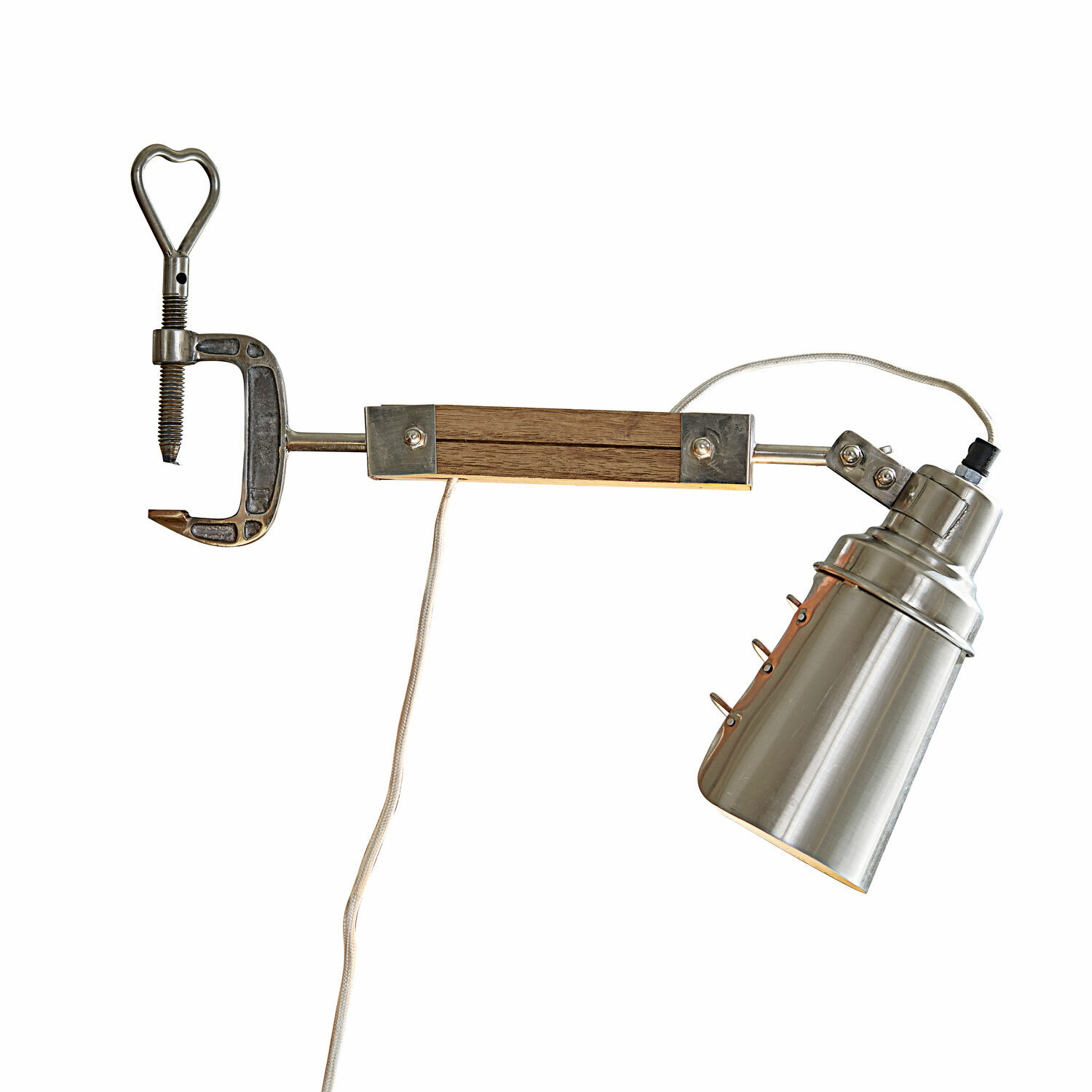 Klemlamp Lewiston Metalen wandlamp met klem en houten handvat in zilverkleur voor wandmontage