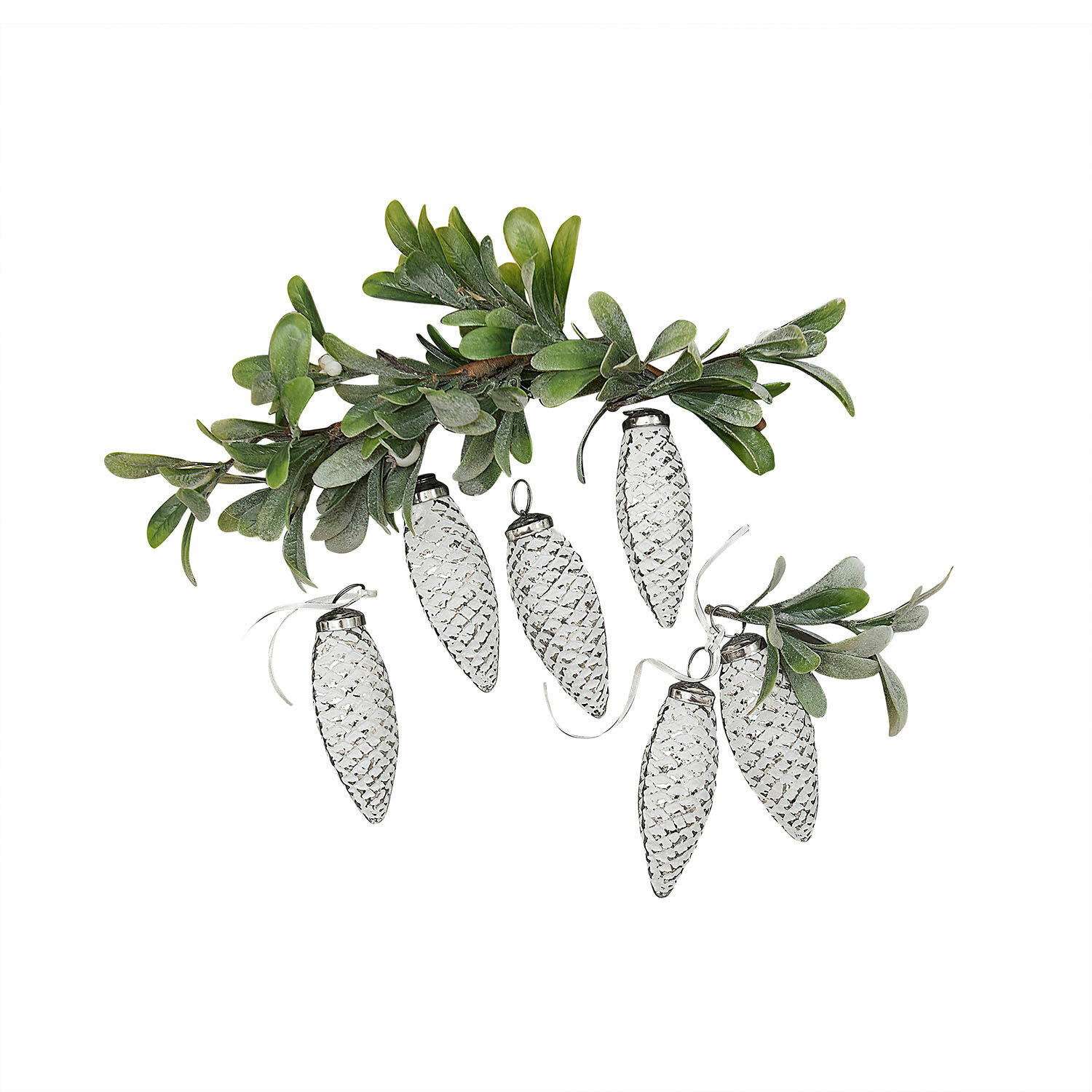 Hanger set van 6 Fréderise Glazen dennenappelversieringen in transparant met groene bladeren voor feestelijke decoratie