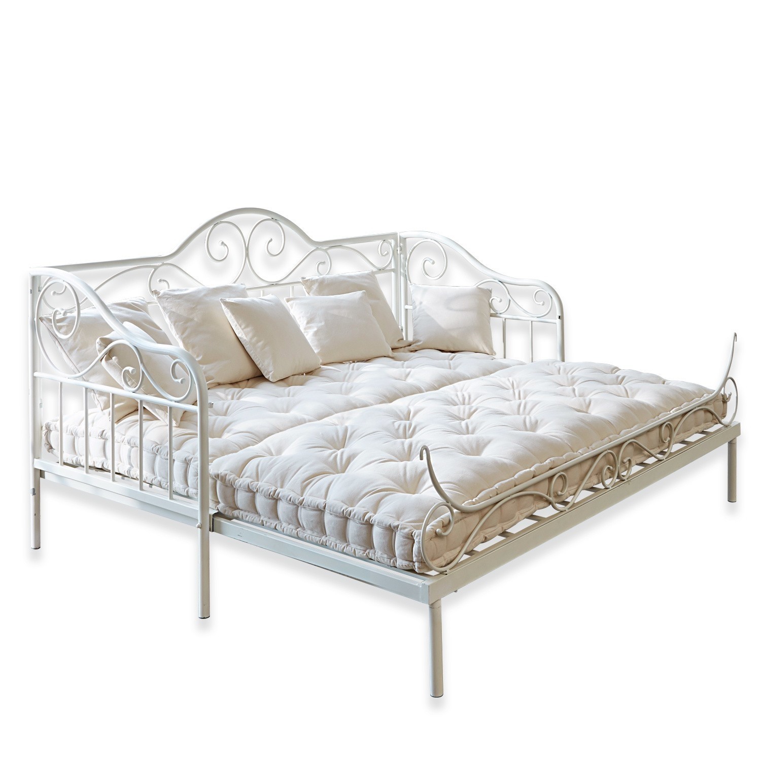 Bedbank Maditha Wit metalen bed met sierlijke versieringen en licht matras, comfortabel voor woonkamer