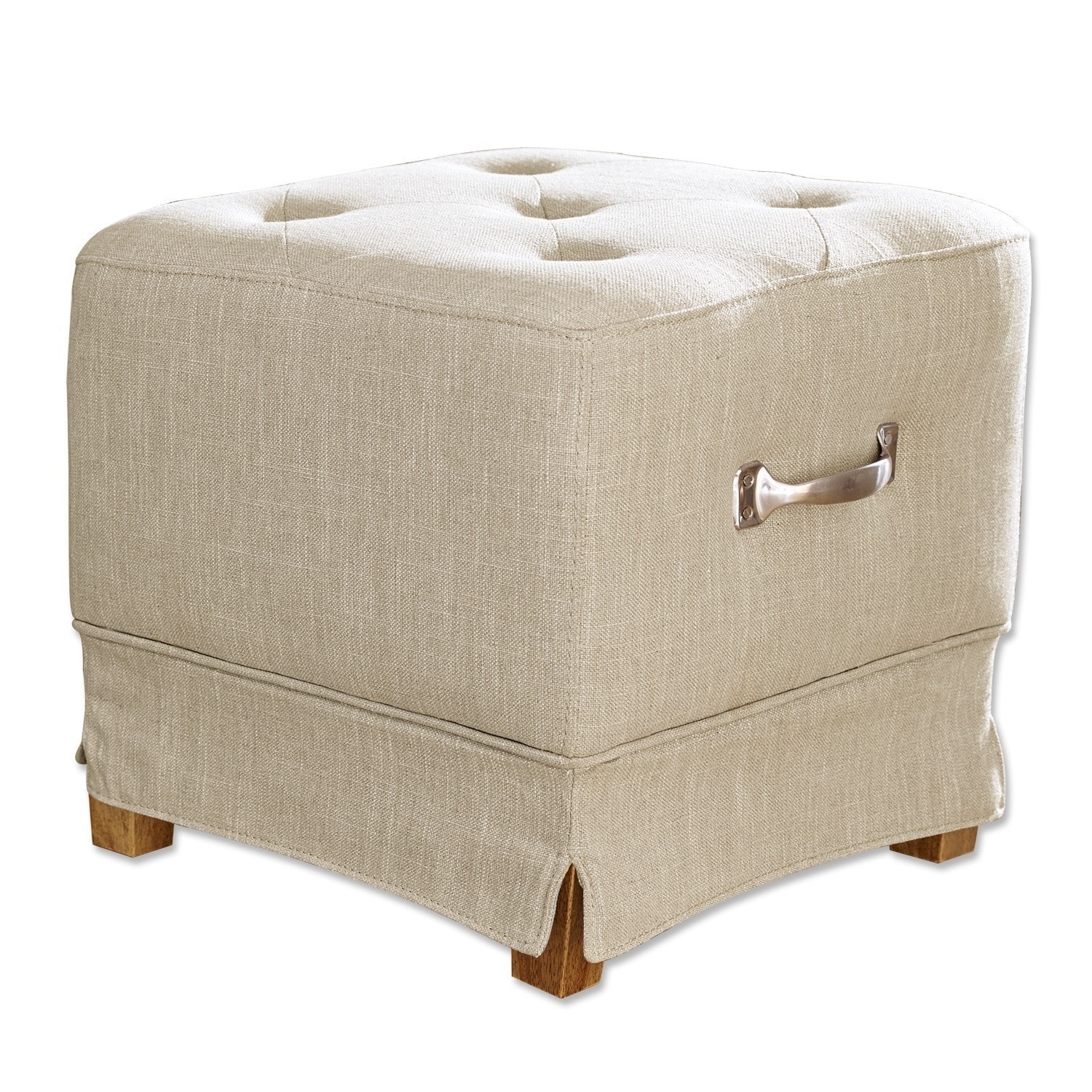 Beige linnen poef Burke met houten poten en metalen handvat, comfortabele zit voor woonkamer