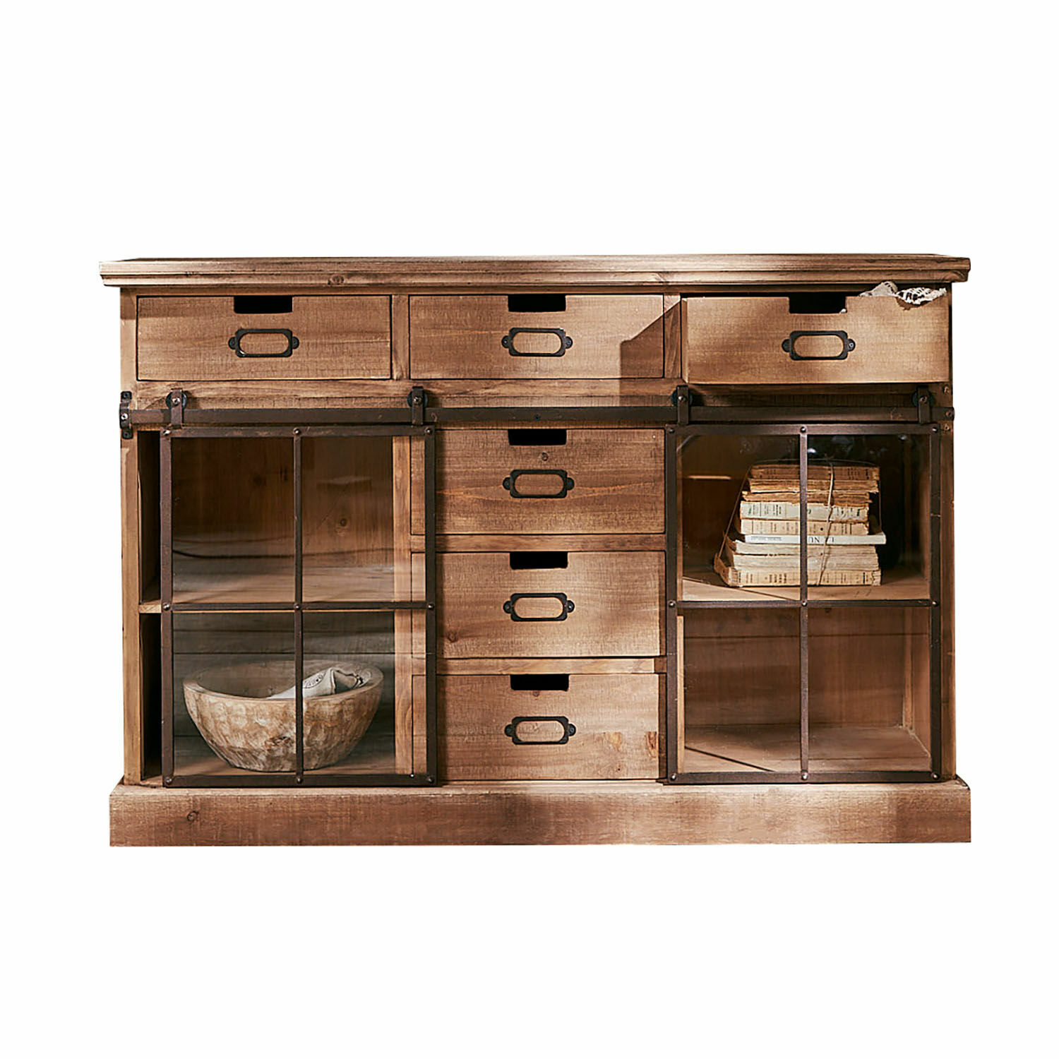 Sideboard Finegand Houten dressoir met lades en glazen deuren in natuurlijke kleur, rustiek opbergmeubel