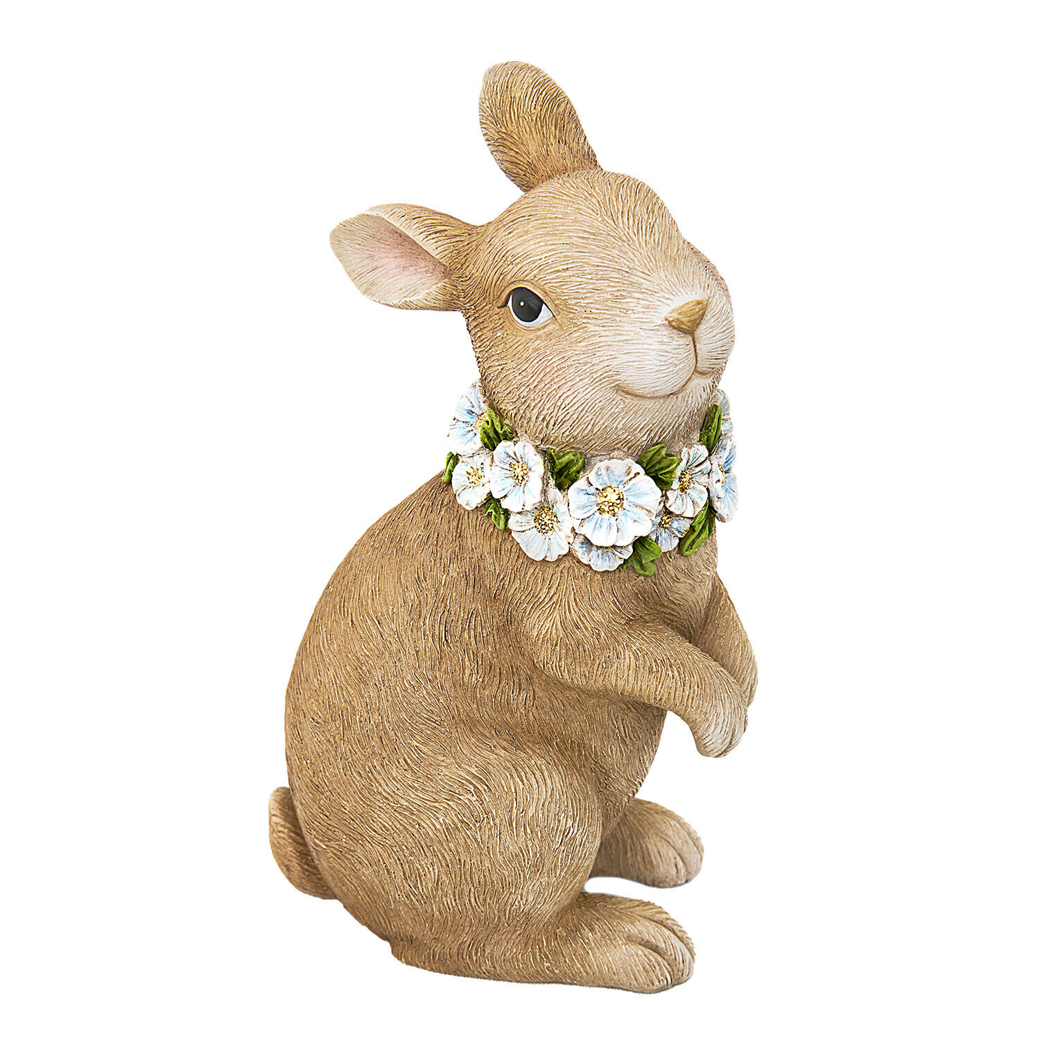 Bruine konijnenfiguur van kunststof met witte bloemenkrans, lente decoratie