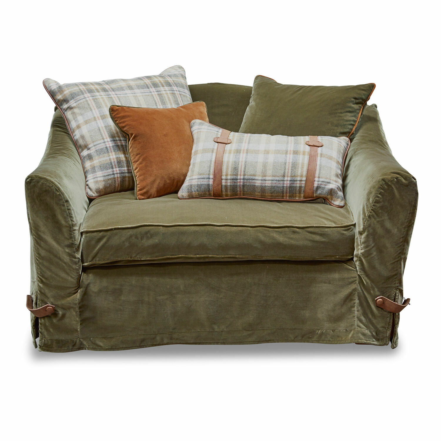 Groene Halton fauteuil van zachte stof met geruite en bruine fluwelen kussens, comfortabele woonkamerstoel