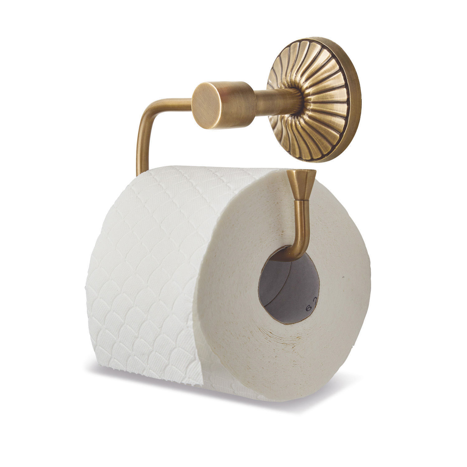 Messing toiletrolhouder met decoratieve ronde wandplaat in vintage stijl