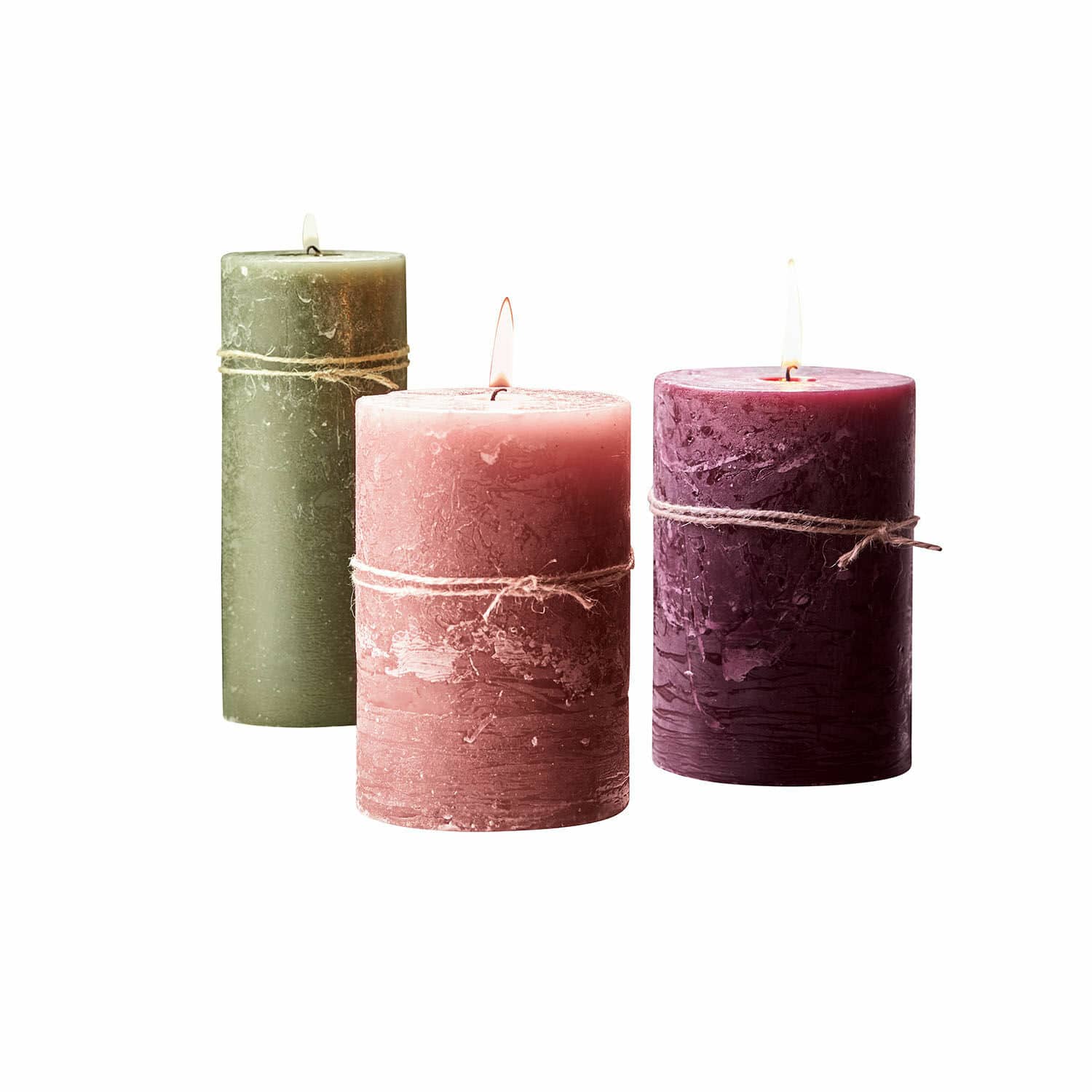 Kaars set van 3 Salis Set van drie kaarsen van was in groen, roze en paars met decoratief touw