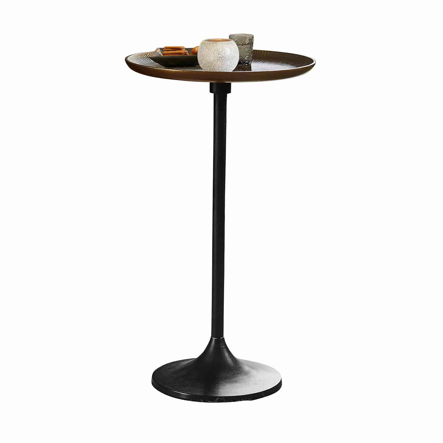 Bijzettafel Elmsford Bijzettafel met zwarte metalen voet en bruin rond blad voor snacks en decoratie