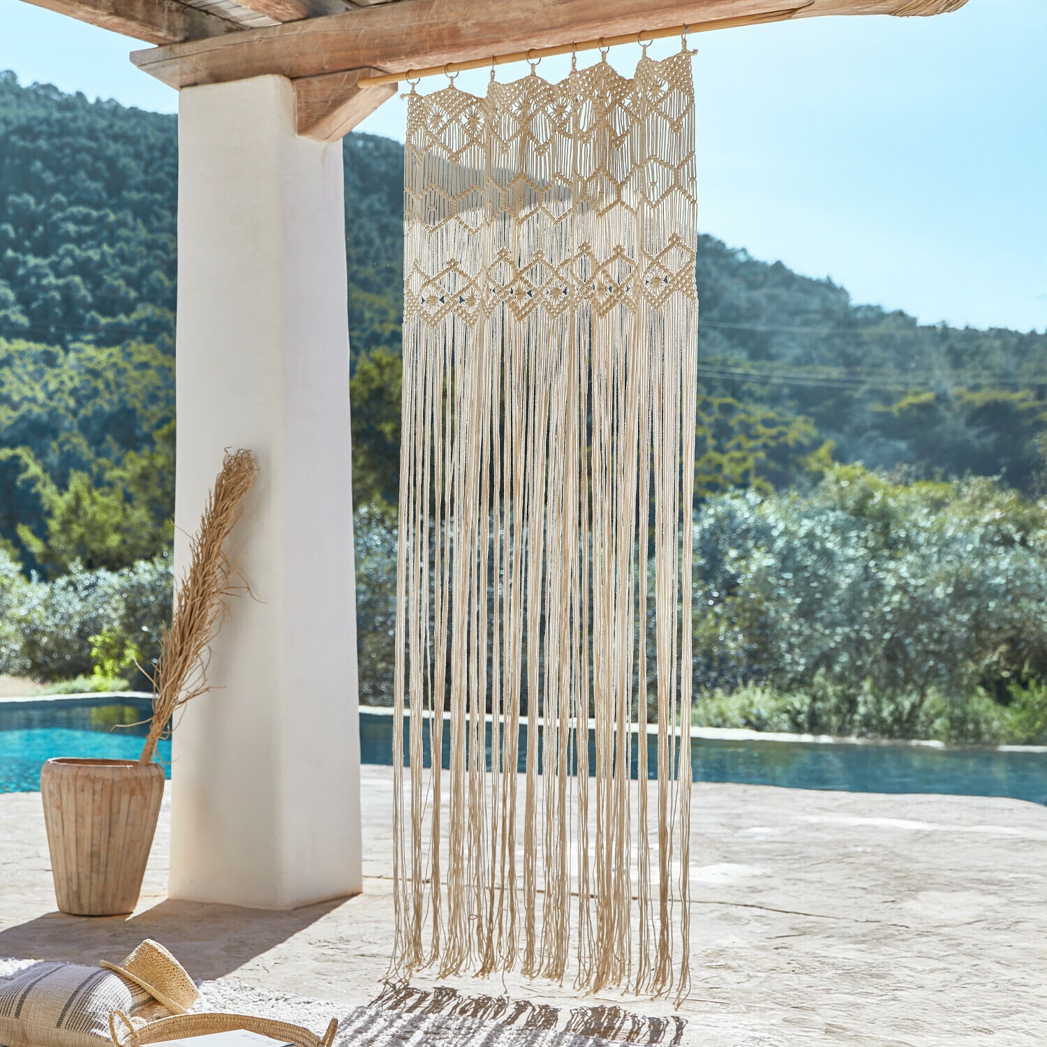 Gordijn Freya Decoratieve macramé van natuurlijke beige katoen, boho stijl voor binnen en buiten