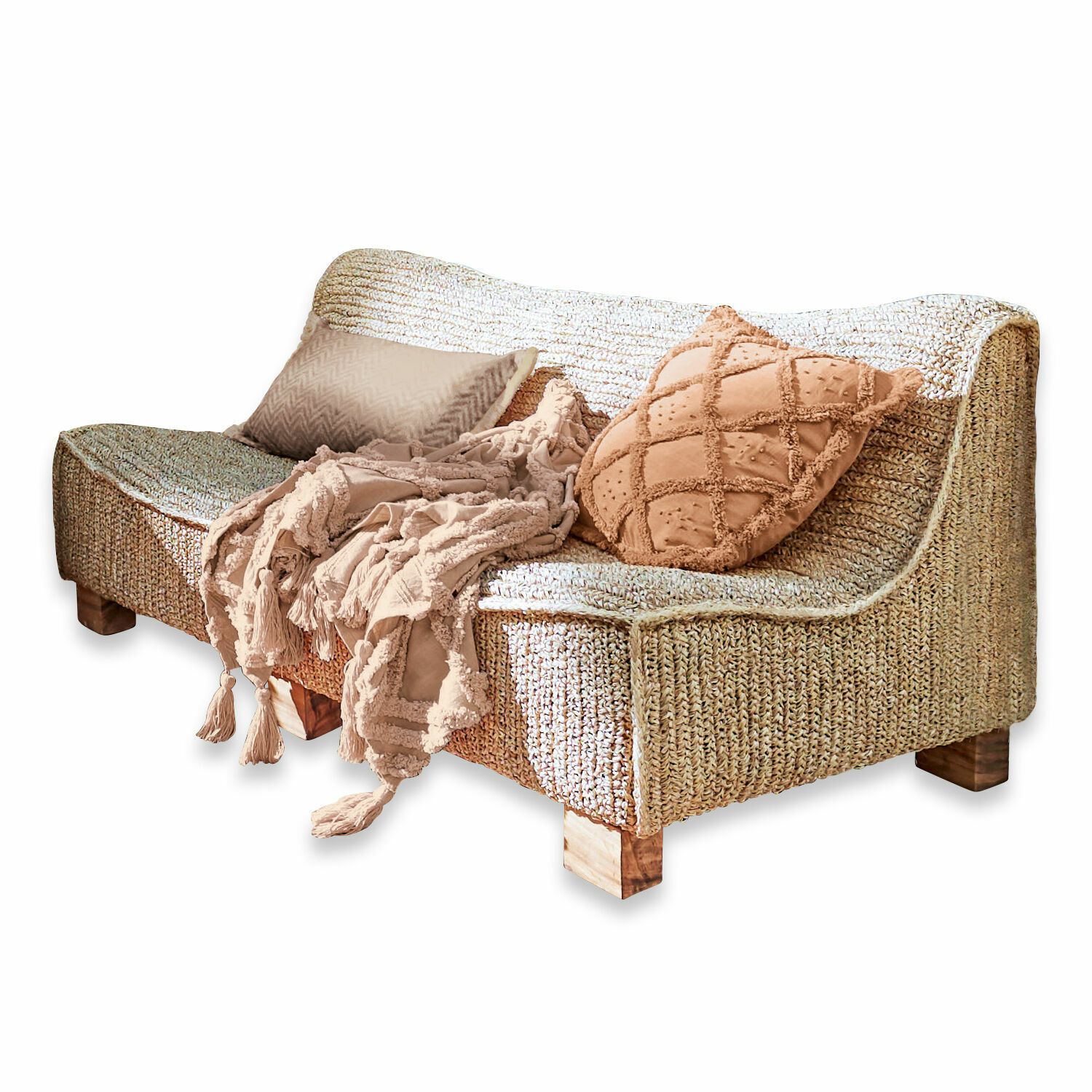 Bank Bocage Gevlochten rotan bank in natuurlijke kleur met beige deken en kussens voor woonkamer
