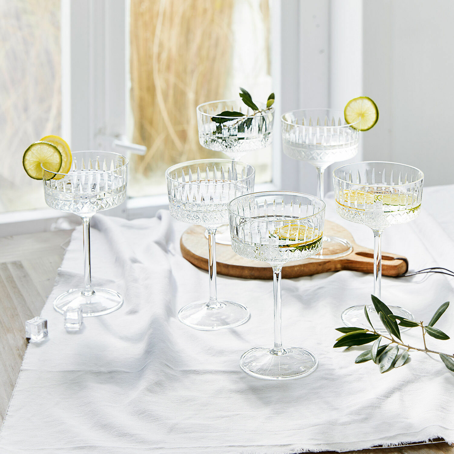 Set van zes kristallen cocktailglazen met citroenplakjes en groene bladeren als decoratie