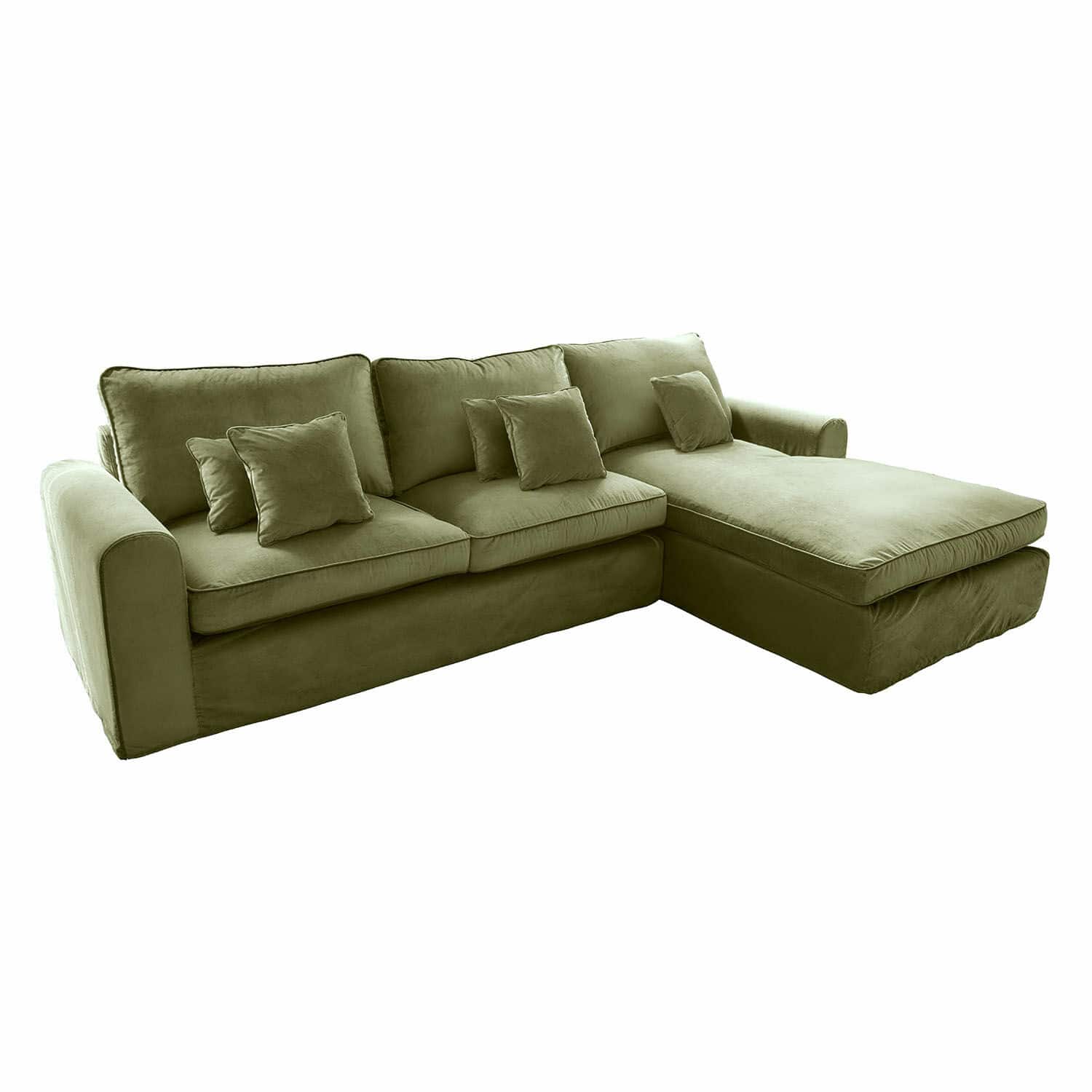 Hoekbank van groene fluweelstof met kussens, comfortabele woonkamermeubel