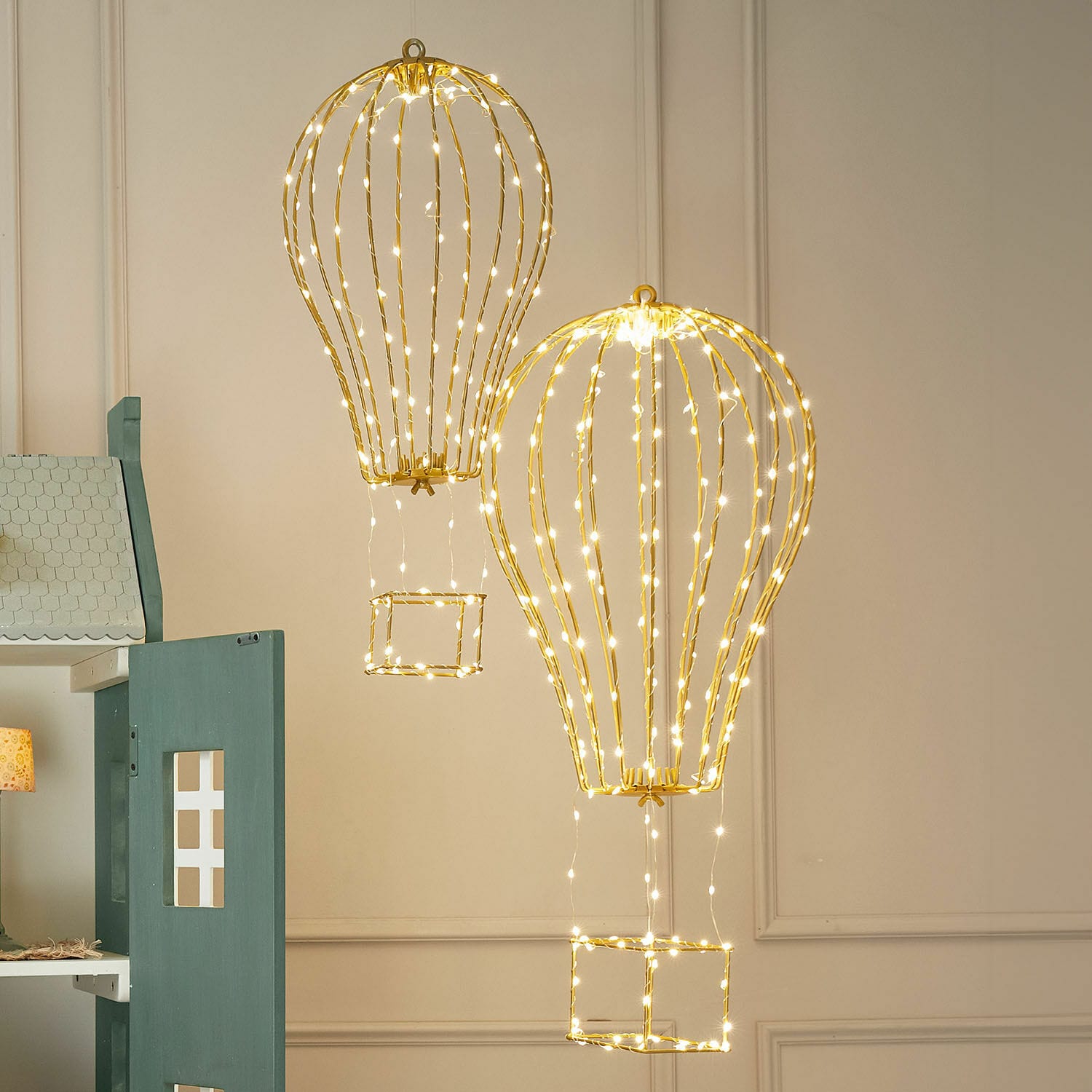 Ledluchtballon set van 2 Bylle Decoratieve luchtballonlampen van goudkleurig metaal met warme LED-lichtslingers voor sfeerverlichting