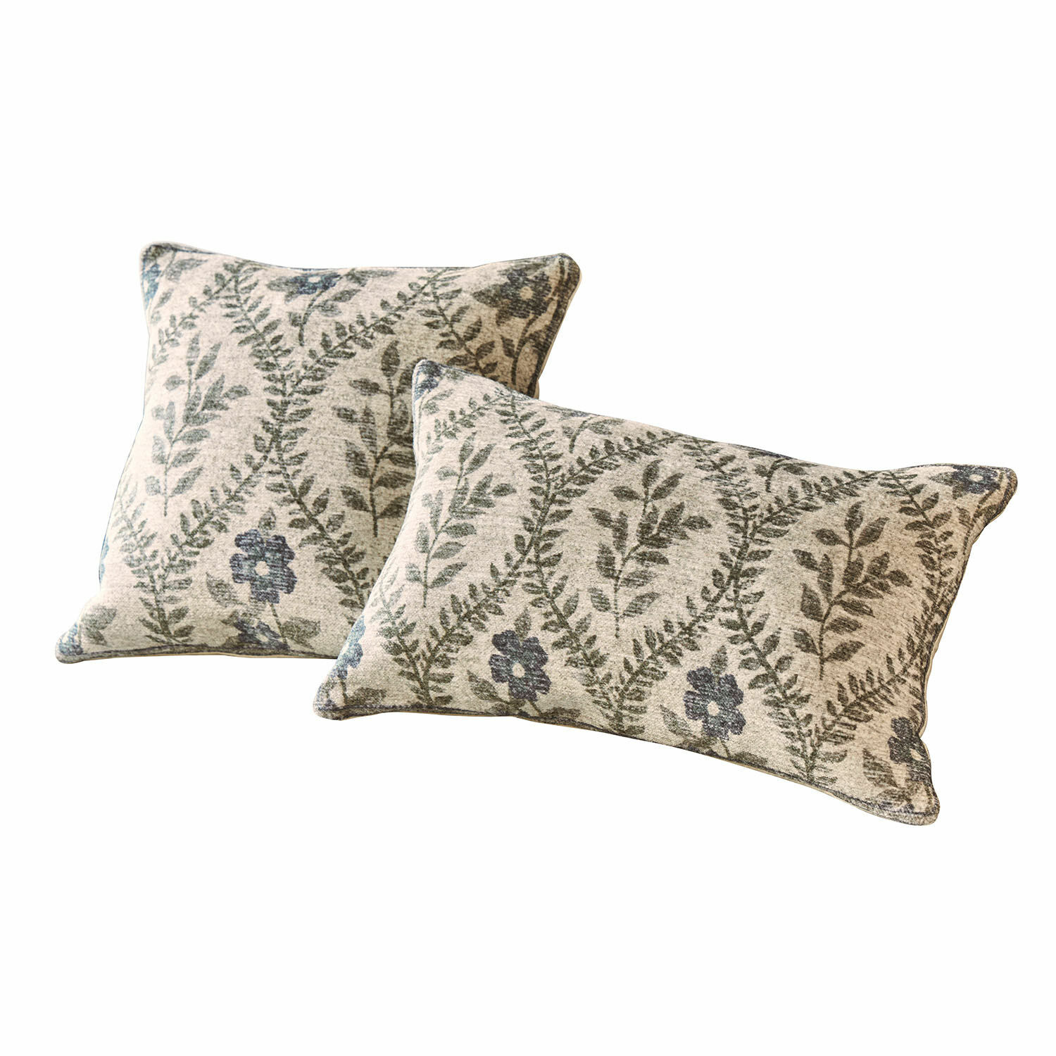 Set van twee decoratieve katoenen kussens in beige met groene en blauwe plantenpatronen voor woonkamer