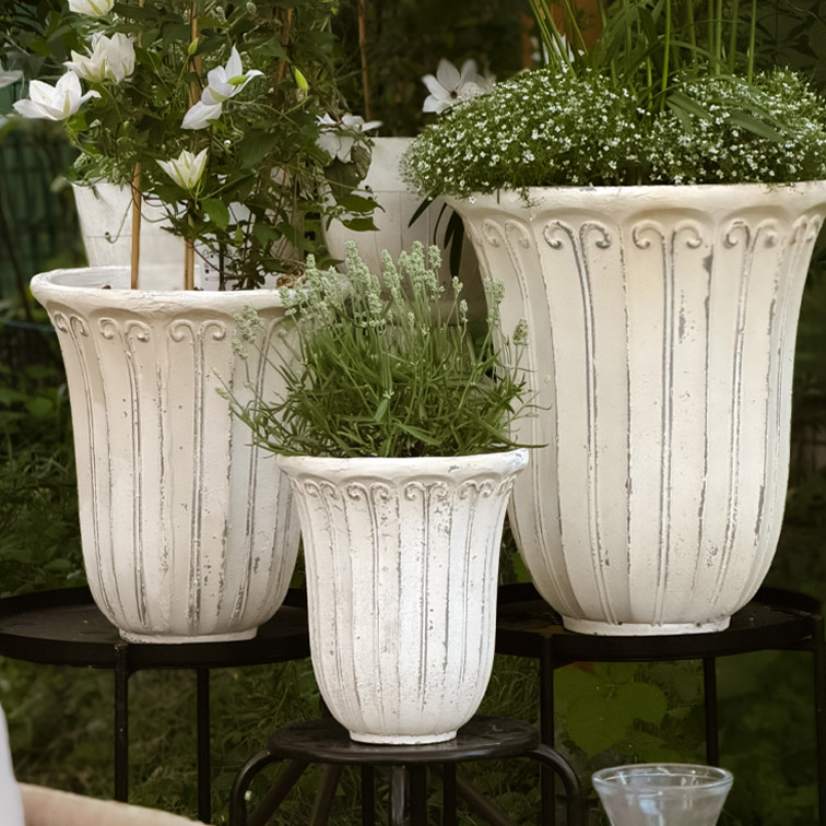 Set van drie witte stenen bloempotten met decoratief patroon, gevuld met tuinplanten