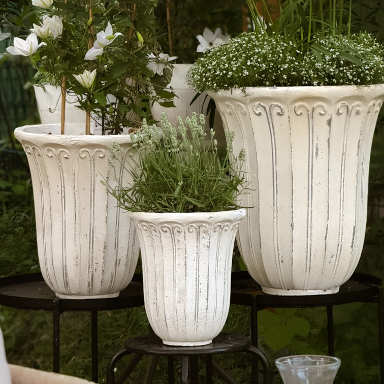 Set van drie witte stenen bloempotten met decoratief patroon, gevuld met tuinplanten