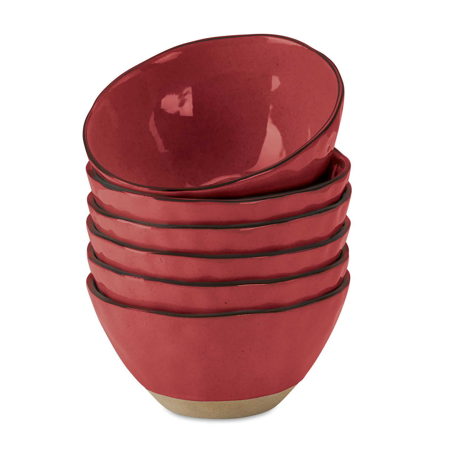 Set van 6 Biarritz keramische kommen in rood met natuurlijke bodem, perfect voor de keuken