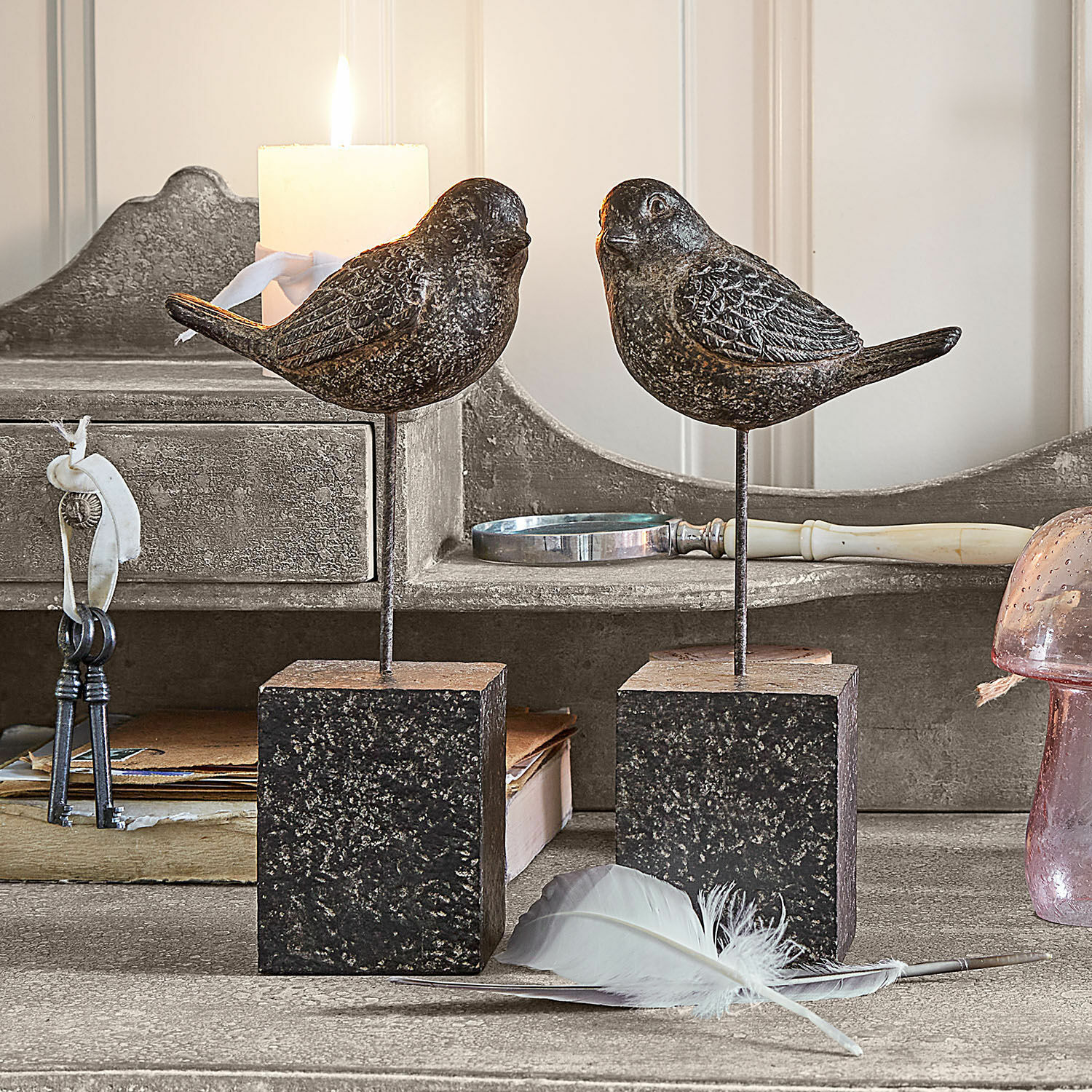 Decoratieve donkere metalen vogels op vierkante standaards op rustieke tafel met veer