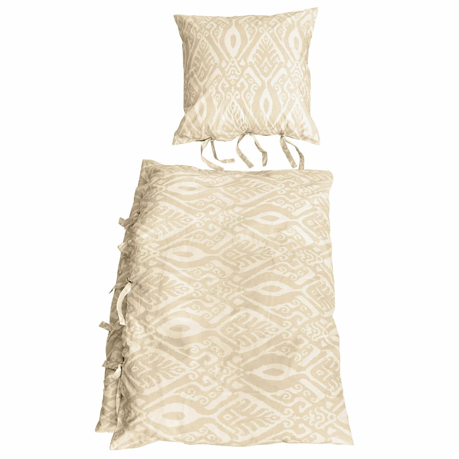 Beddengoed Armidale Beige katoenen beddengoed met geometrisch patroon en strikjes, zacht en decoratief