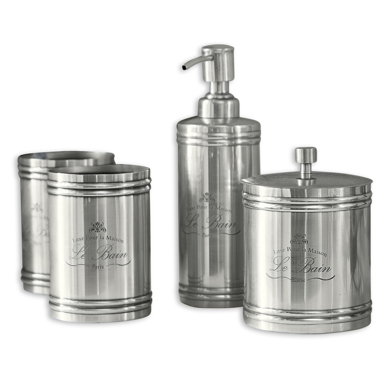 Badkamer set van zilverkleurig roestvrij staal met dispenser en potten voor cosmetica