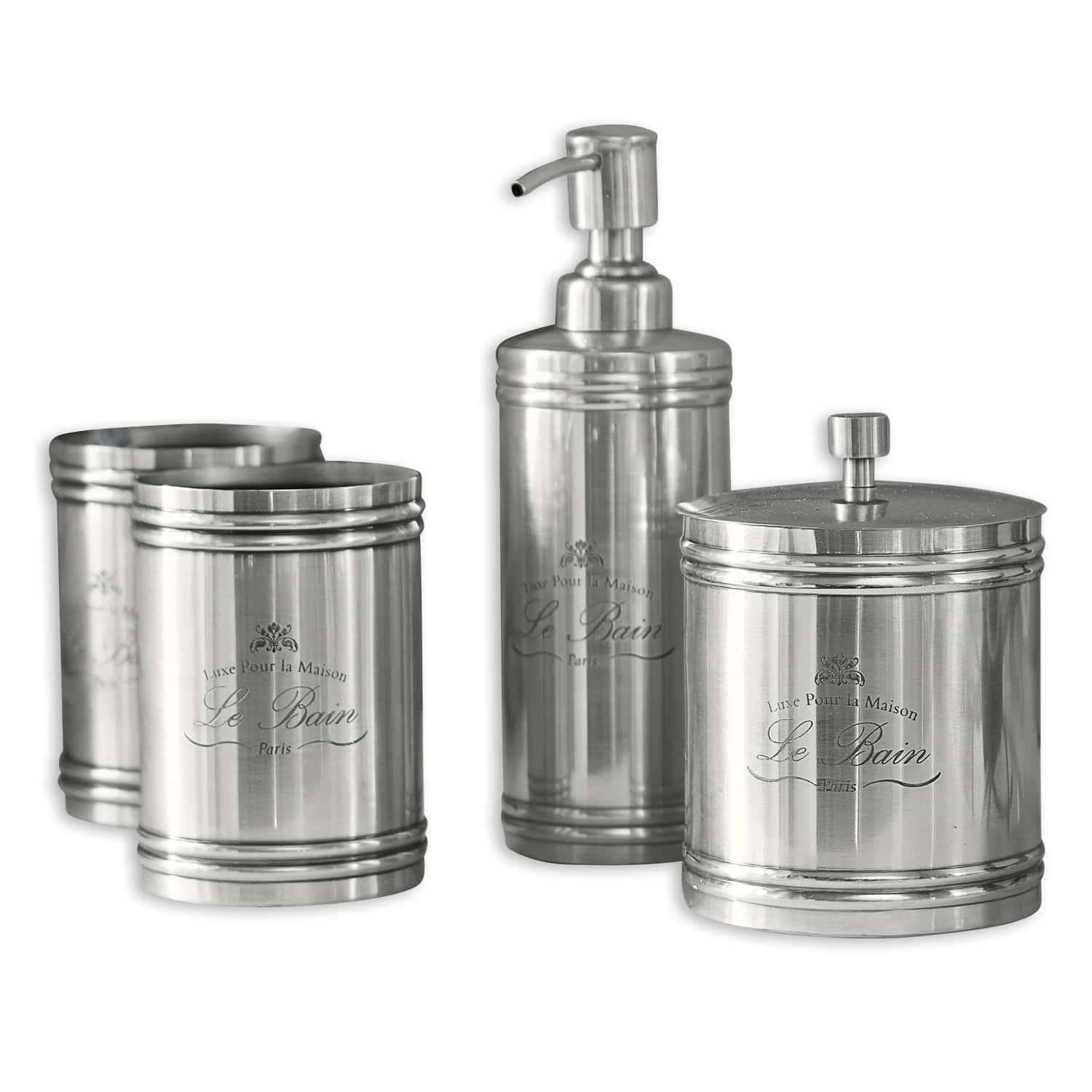 Badkamerset Le Bain Badkamer set van zilverkleurig roestvrij staal met dispenser en potten voor cosmetica