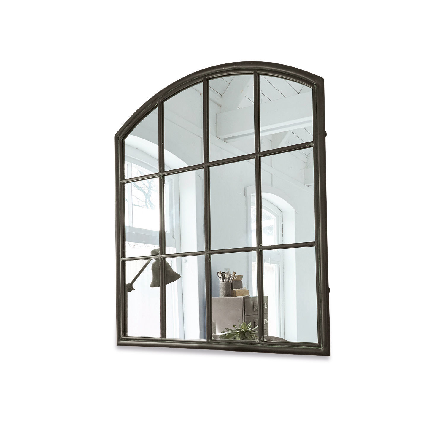 Spiegel Chloe Wandspiegel met antraciet metalen frame, boogvormig met vierkante onderverdeling voor interieurdecoratie