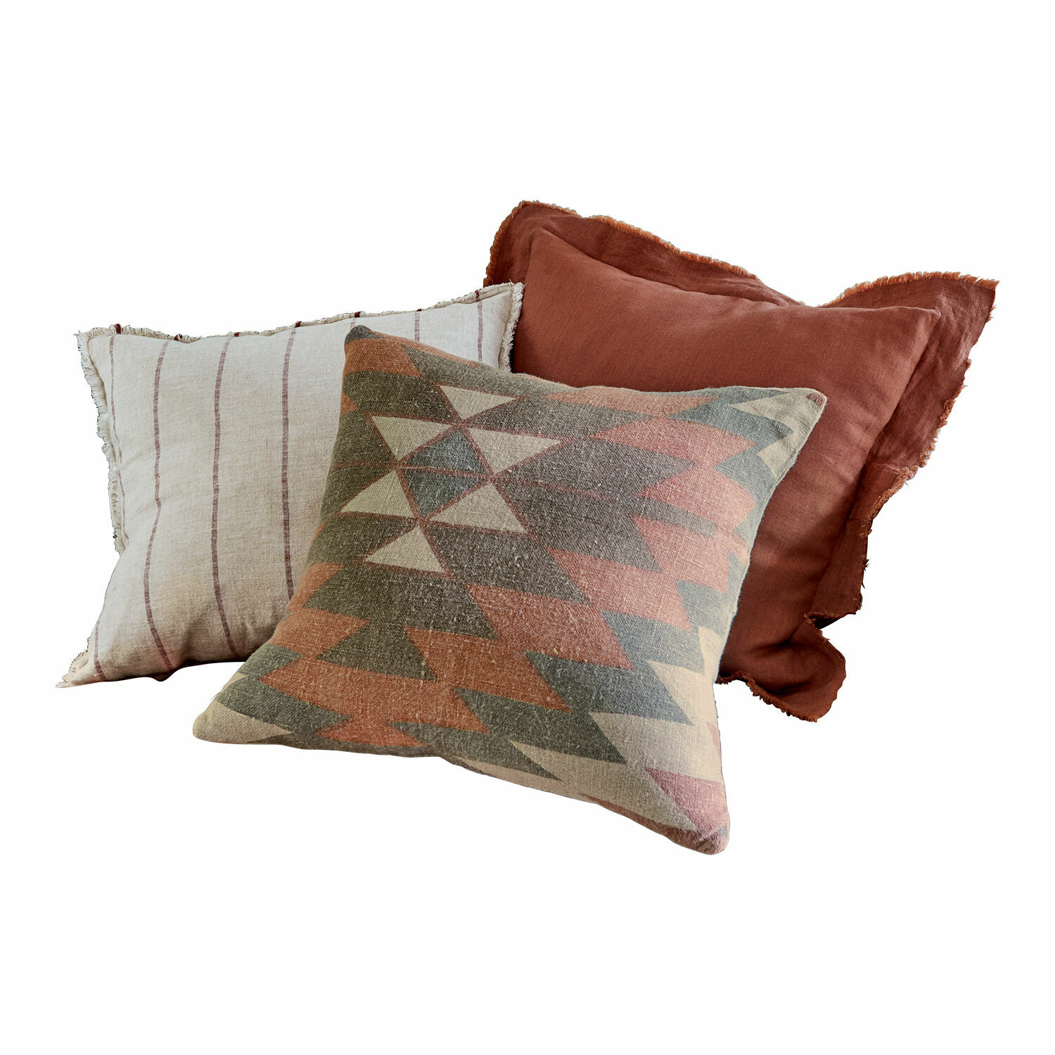 Set van drie decoratieve kussens van stof in warme beige, bruine tinten en geometrische patronen