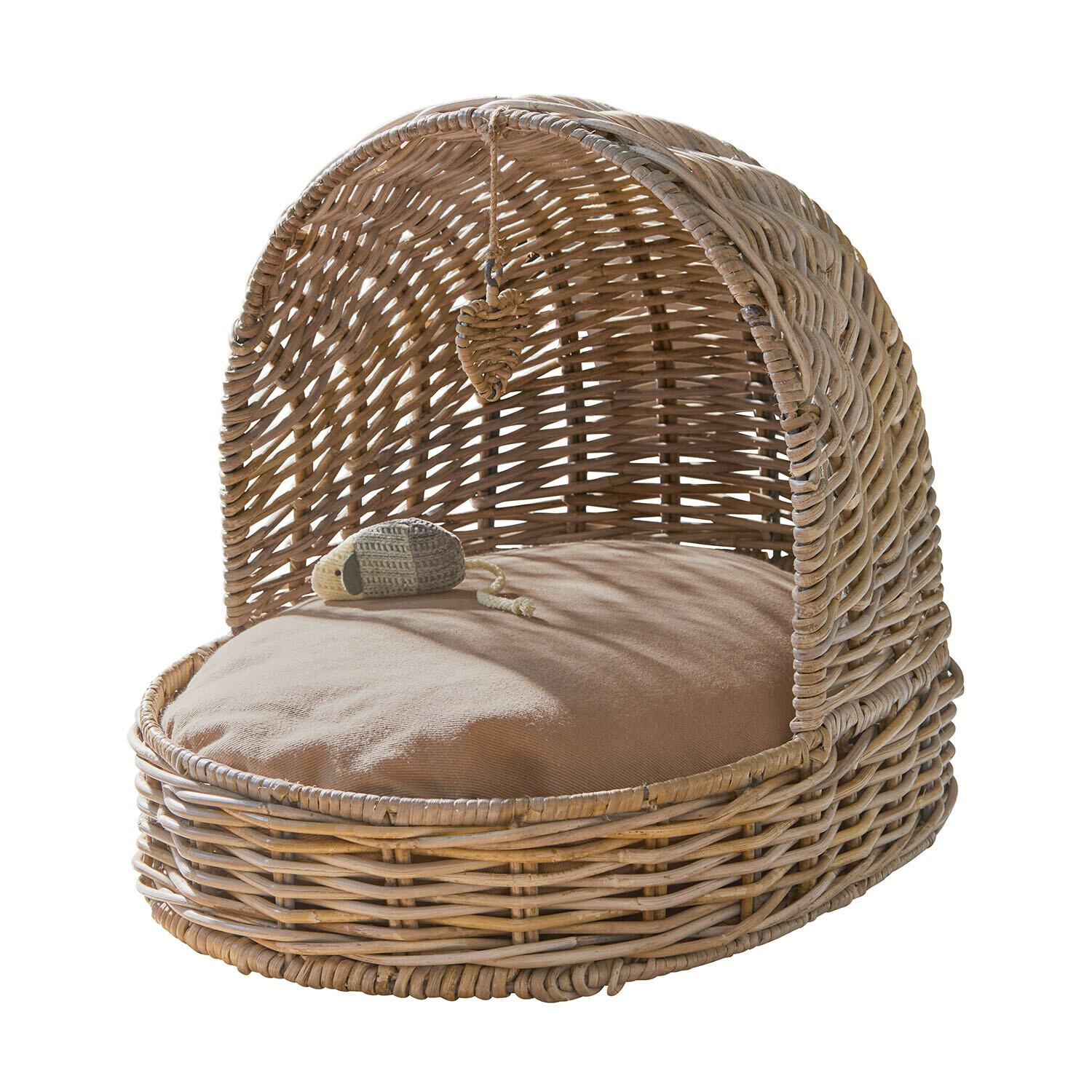 Mand voor huisdieren Charmoise Ronde rotan mand met beige kussen en muisspeelgoed, comfortabel huisdierbed