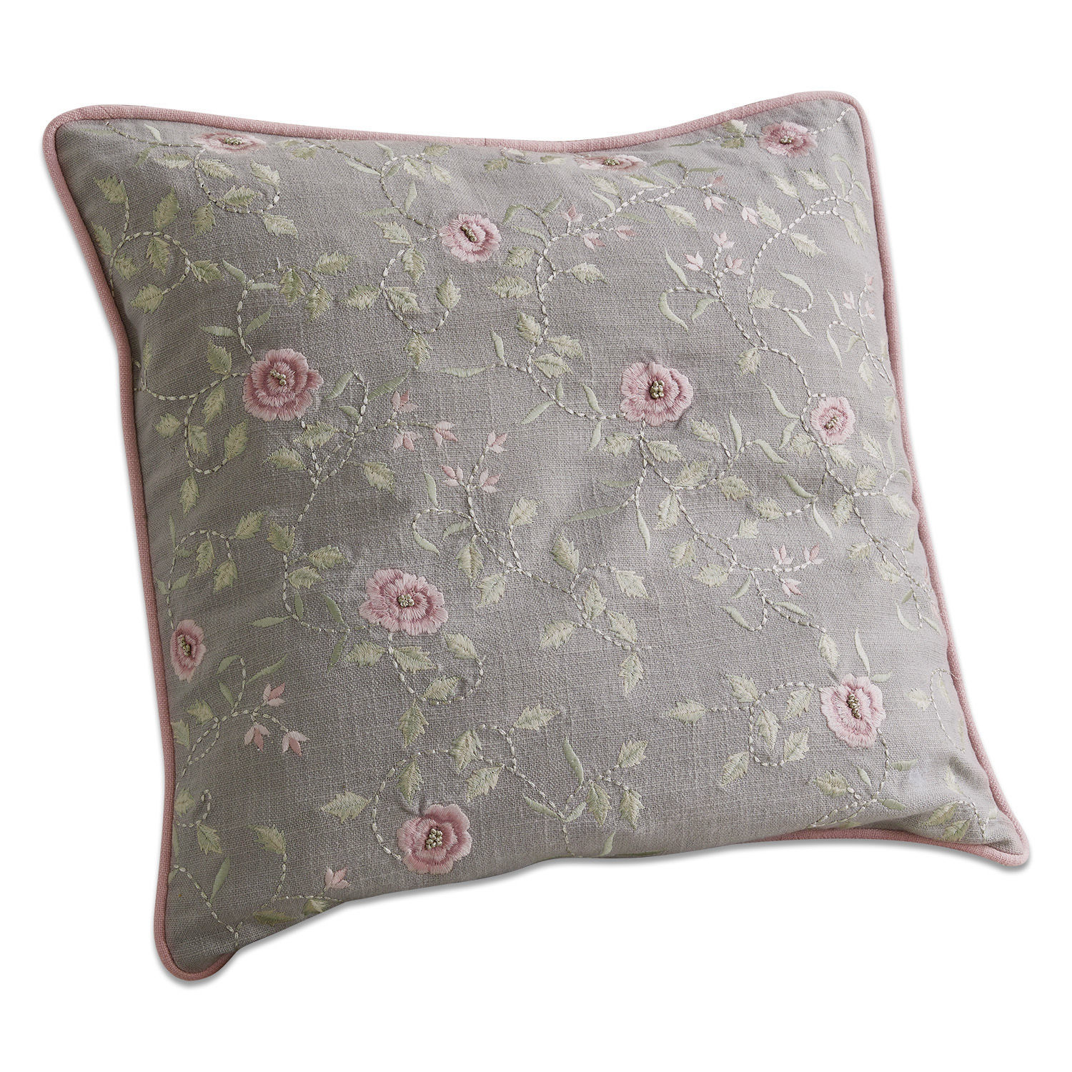Grijs linnen kussen met roze bies en geborduurde bloemen, decoratief voor woonkamer