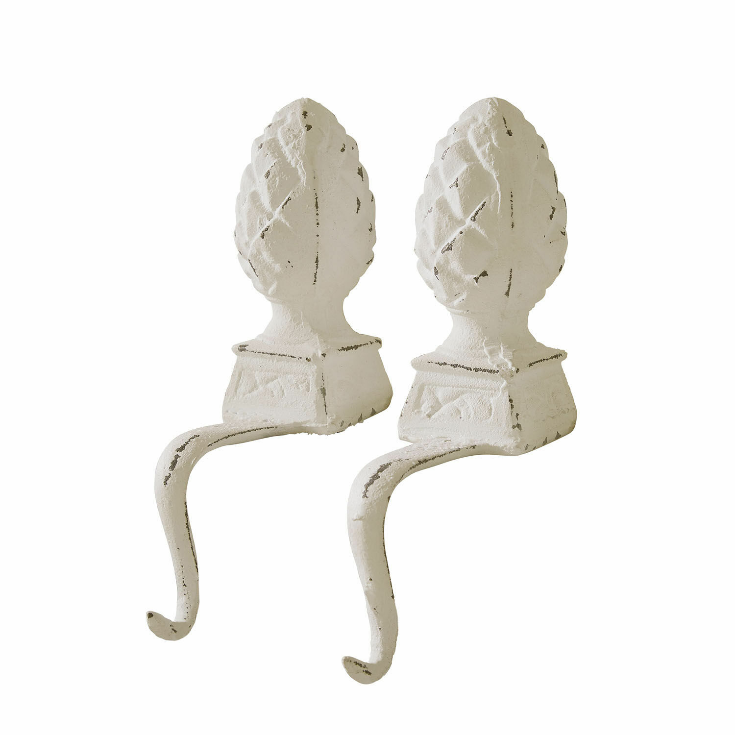 antiekwit Set van twee ijzeren haken in antiek wit met decoratief dennenappelmotief